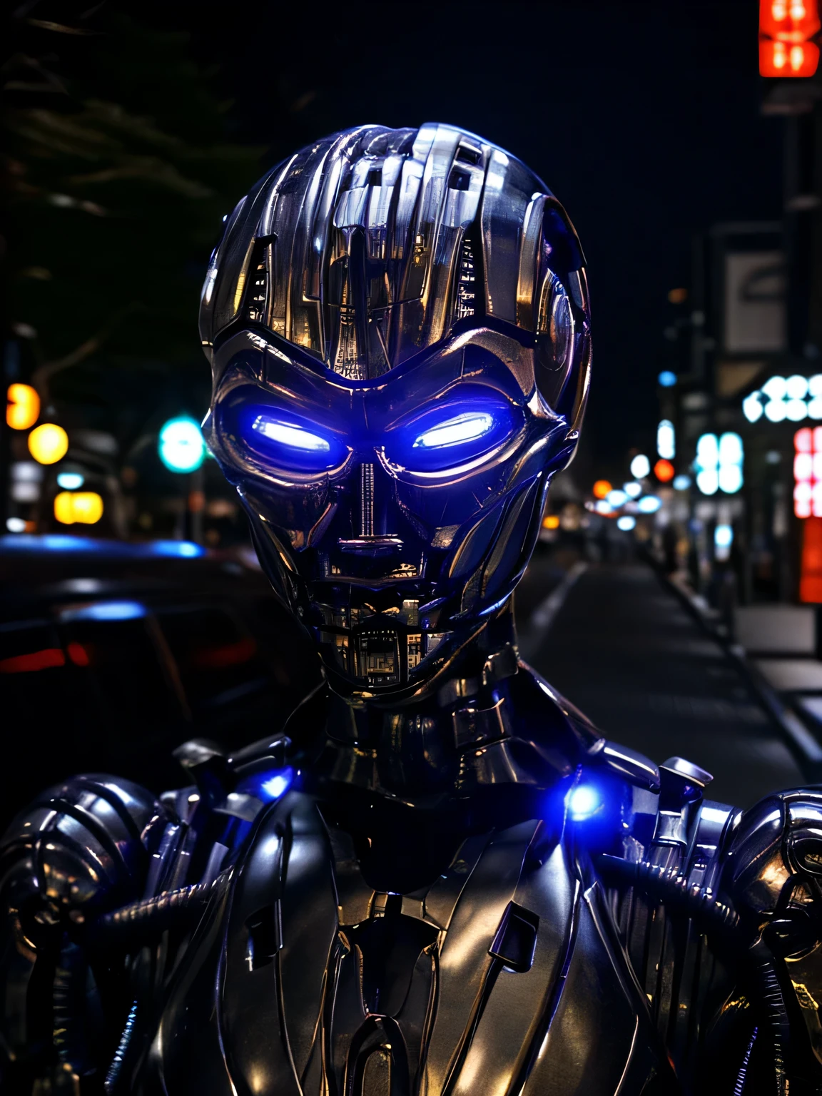 realistic, (T-X endo), (T-X Endoskeleton), (detailed T-X endoskeleton), (ultrarealistic T-X endo:1.2), T-X in tokyo, night time, clear lighting, (deep focus), (sharp details), (detailed environment:1.0), best quality, ultra HD 8K