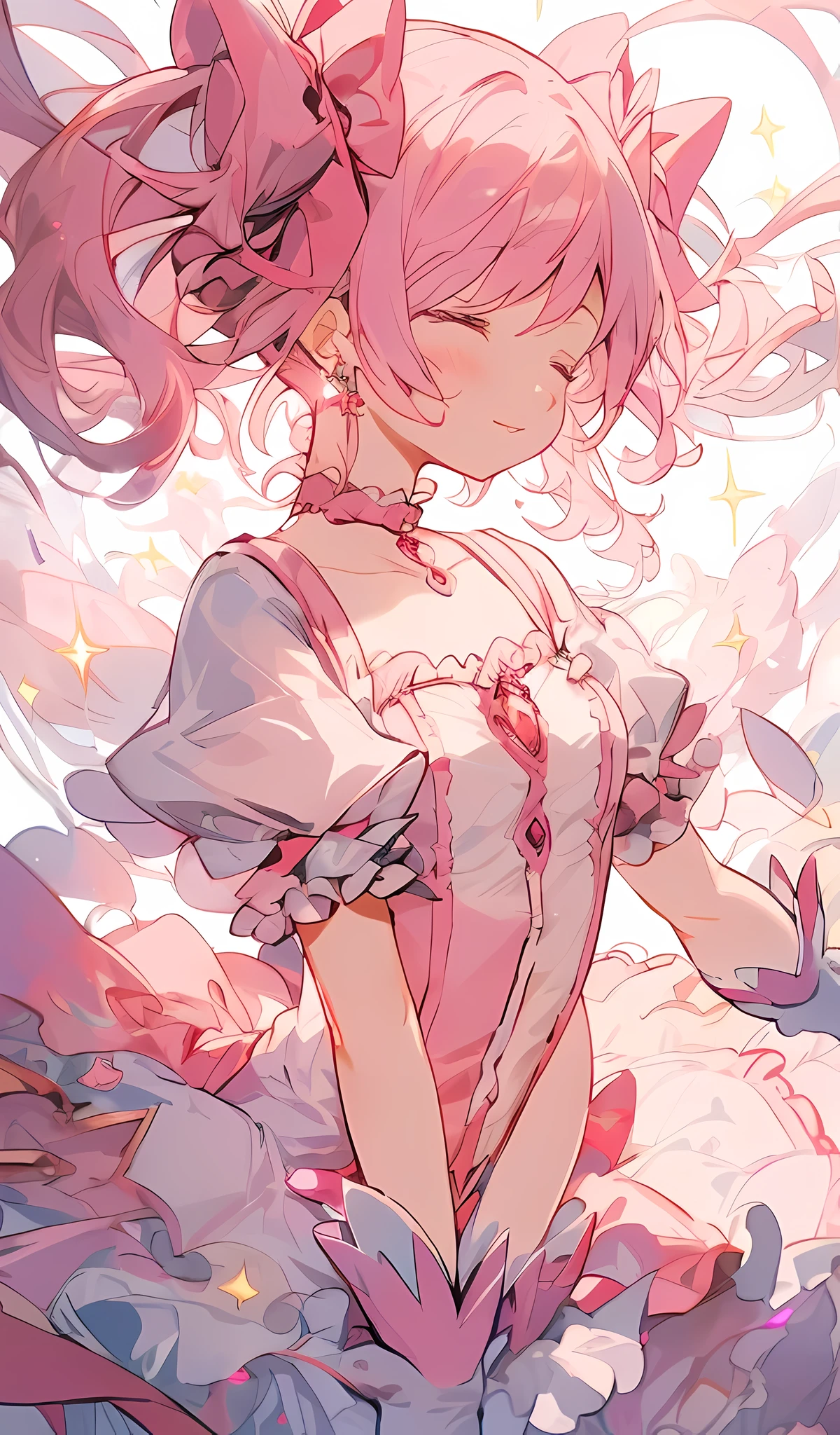 ((extreme detail)),(ultra-detailed), extremely detailed illustration, 1girl, portrait, solo,breasts,short hair,skirt,simple background,gloves,white background,dress,bow,ribbon,jewelry,closed mouth,collarbone,closed eyes,hair ribbon,upper body,pink hair,short sleeves,earrings,small breasts,frills,parted lips,choker,puffy sleeves,shiny,white gloves,shiny hair,puffy short sleeves,eyelashes,sparkle,floating hair,rose,light smile,short twintails,frilled sleeves,light particles,backlighting,pink ribbon,light blush,v arms,arms at sides,pink theme,bubble skirt,pink choker,soul gem,kaname madoka,magical girl,