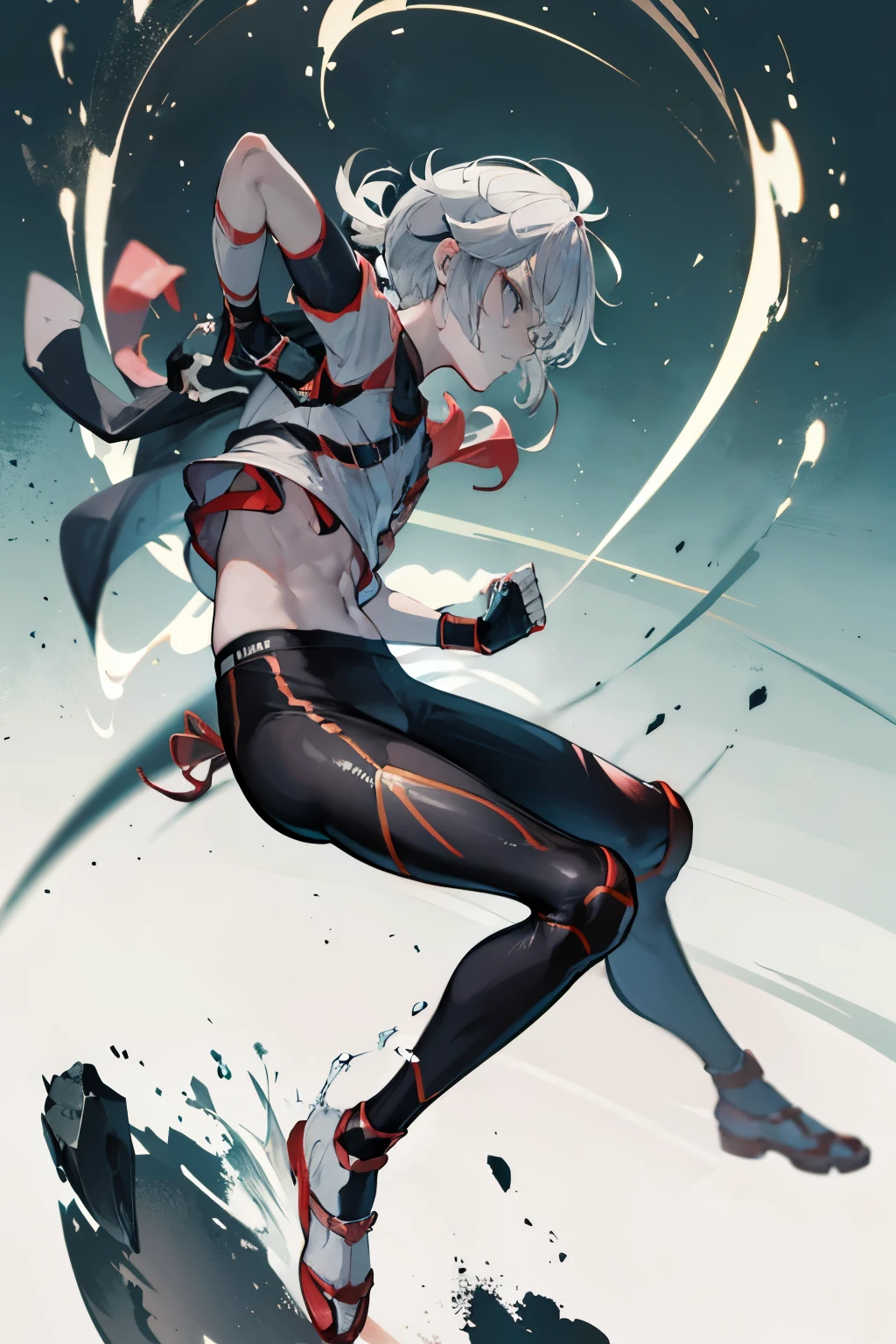 Japanese manga characters,Two-dimensional image,Anime characters ,1 boy, (age man running track:1.3, hiking:1.2), Wearing red sports leggings and a sports vest, Someone kicked me in the crotch,Fear,Covered in wounds,Positive movements,(delicate eyes, Super detailed face), (ultra high resolution, 8K RAW photos, Surreal, Textile shading), outdoor, center image, Front view, The crotch is very big,The tights were torn,dynamic angle, from below,Delicate facial features,Boxing ring background