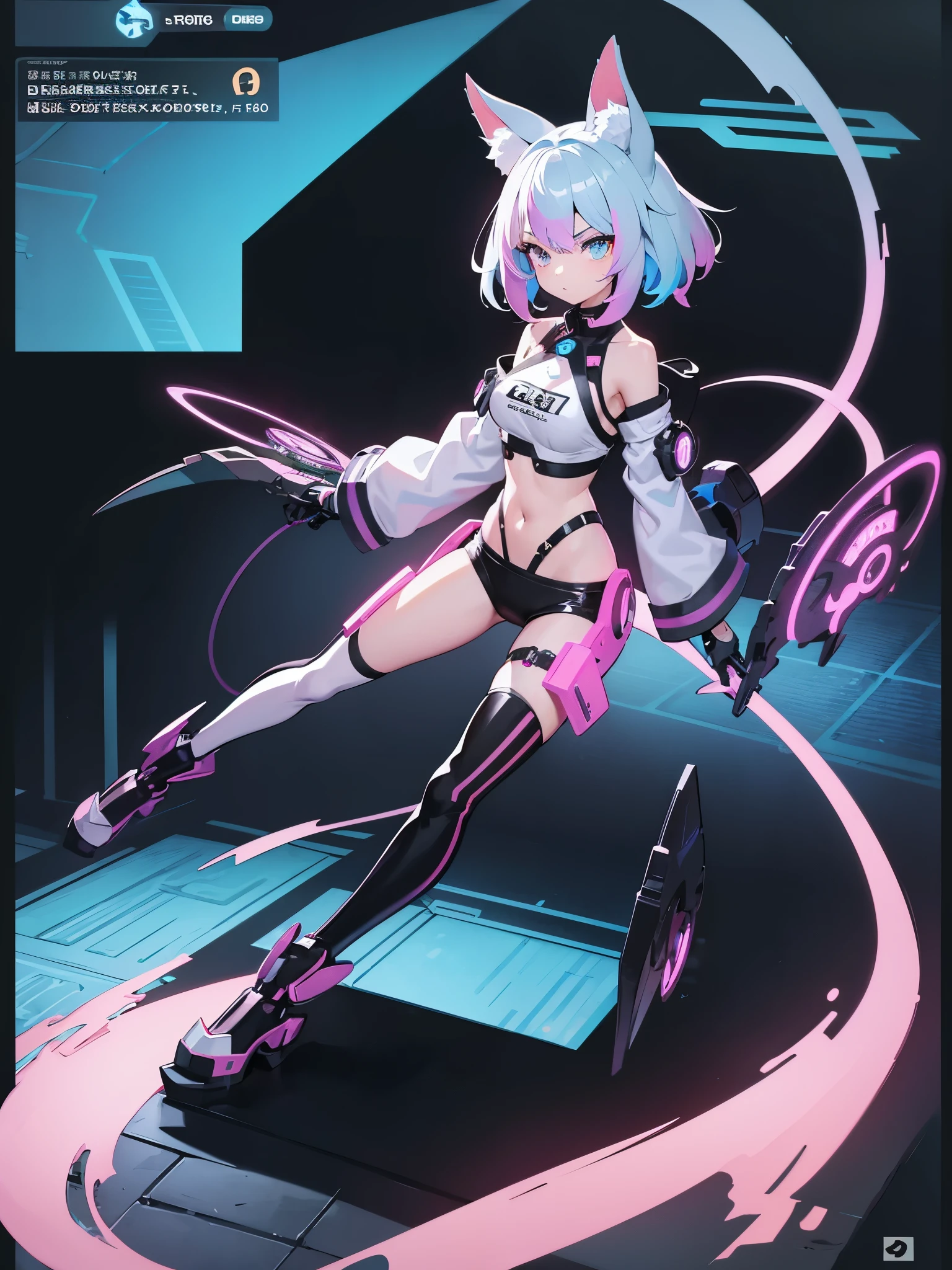 a girl,neon hair,(Double tail),heterochromatic pupils,Long sleeves with off-the-shoulders,Mechanical tail,(Robotic arm),Floating state,naughty expression,Digital background,Avatars,AI,High quality 4K,detailed details