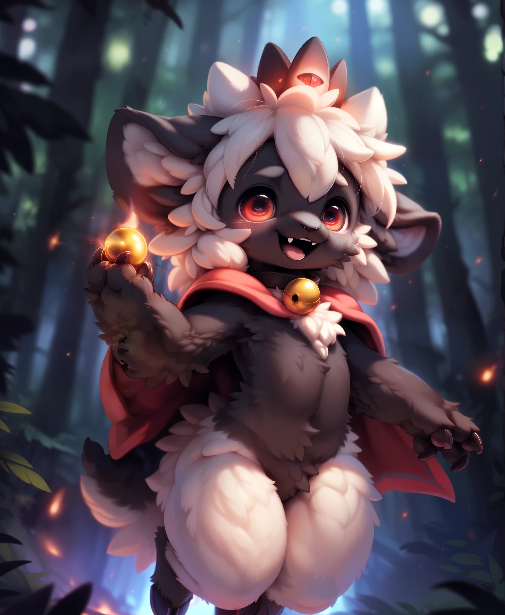 female anthro sheep, sheep girl, cute-fine-face, ultra cute face, cute, flat chest, small breasts,
glossy black skin, shiny white wool, glossy black fur,
((floating)), in the air, triumphant pose, ((reflective eyes)), expressive eyes, detailed big hands, 
red crown, golden bell collar, detailed red cape, (horizontal pupils), red eyes, glossy black horns, glossy wool,
(breast wool), furry crotch, leg wool, arm wool,
evil laugh, triumphant pose, open mouth, flirty, fangs, tongue,
low angle, depth of field, three-quarter view, 
uploaded on e621, by dagasi, by loimu, by hioshiru, by silverfox5213, by darkgem, (by carrot:0.4), 
fapuclaws, fapuhooves,
dark background, dark forest, midnight, cosmos,
detailed background, Ray tracing, concept art, highly detailed, ((masterpiece)), ((best quality)) cinematic composition, ultra realistic, (high detail:1.3), sharp focus,