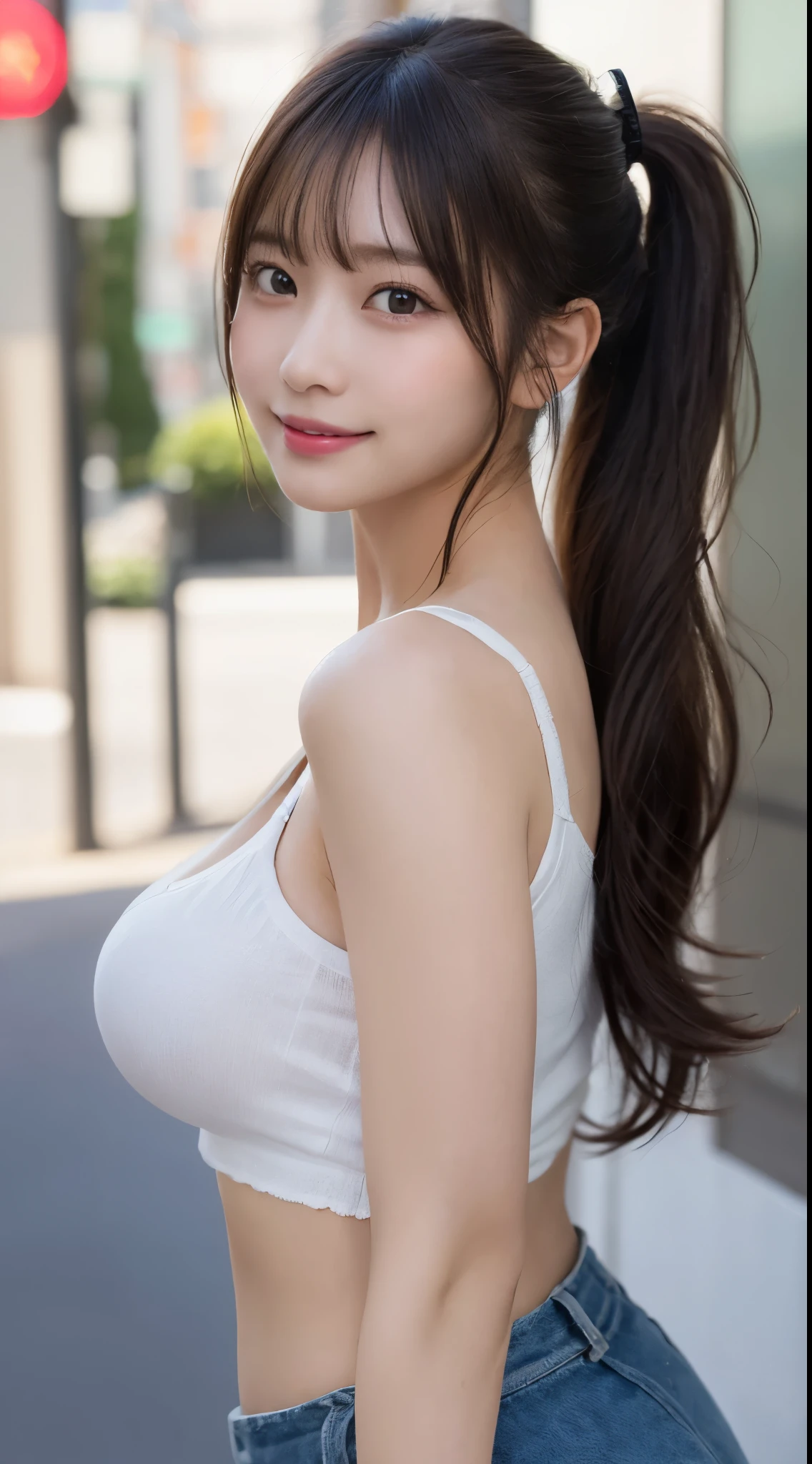 masutepiece, Best Quality, Illustration, Ultra-detailed, finely detail, hight resolution, 8K Wallpaper, Perfect dynamic composition, Beautiful detailed eyes, Women's Fashion Summer,Ponytail hair,Small breasts natural color lip, Bold sexy poses,Smile,Harajuku、20 years girl、Cute、Sexy shot looking at camera、露出胸部、露出乳房、巨大的胸部,巨大的乳房、露出胸部、露出胸部、露出乳房