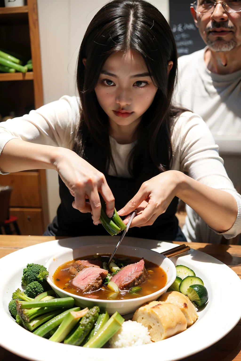 best quality，a girl，Detailed face，There is hot pot in front，Fat cattle，lamb leg，Green vegetables，Meat on the table