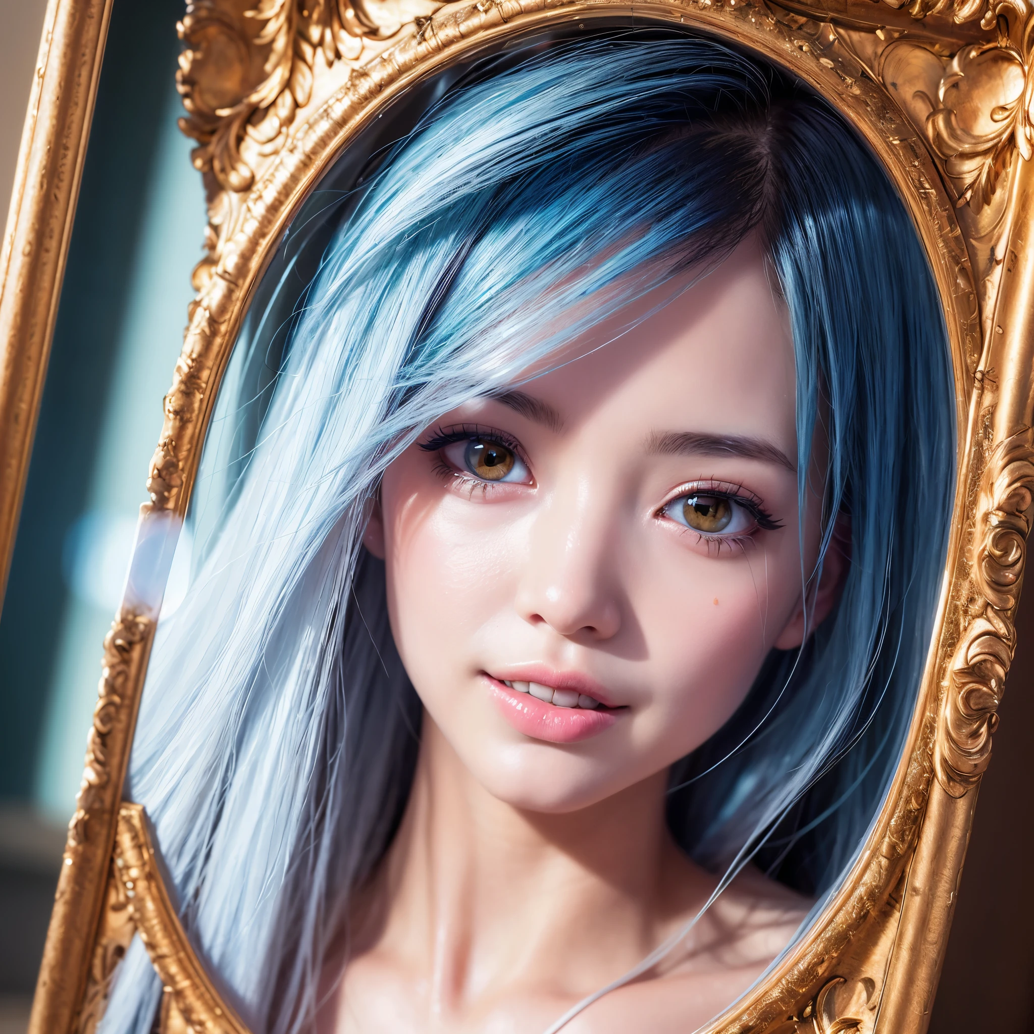 close-up of a smile face, (realistically rendered), (high definition), (designer artwork), (one girl with), (do-up eyes make-up), (Korean beauty), (best quality), (masterpiece), (one girl in the spotlight), (solo),
a beautiful girl, (perfect facial features), (dreamlike art), (highly detailed airbrush art), (surreal), (volumetric lighting), (top-quality rendering), (the ultra-detailed background), (highly detailed colorful details), (bright lighting), (dynamic compositions), (ray tracing), (the mirror reflects light), (shallower depth of field), (ultra