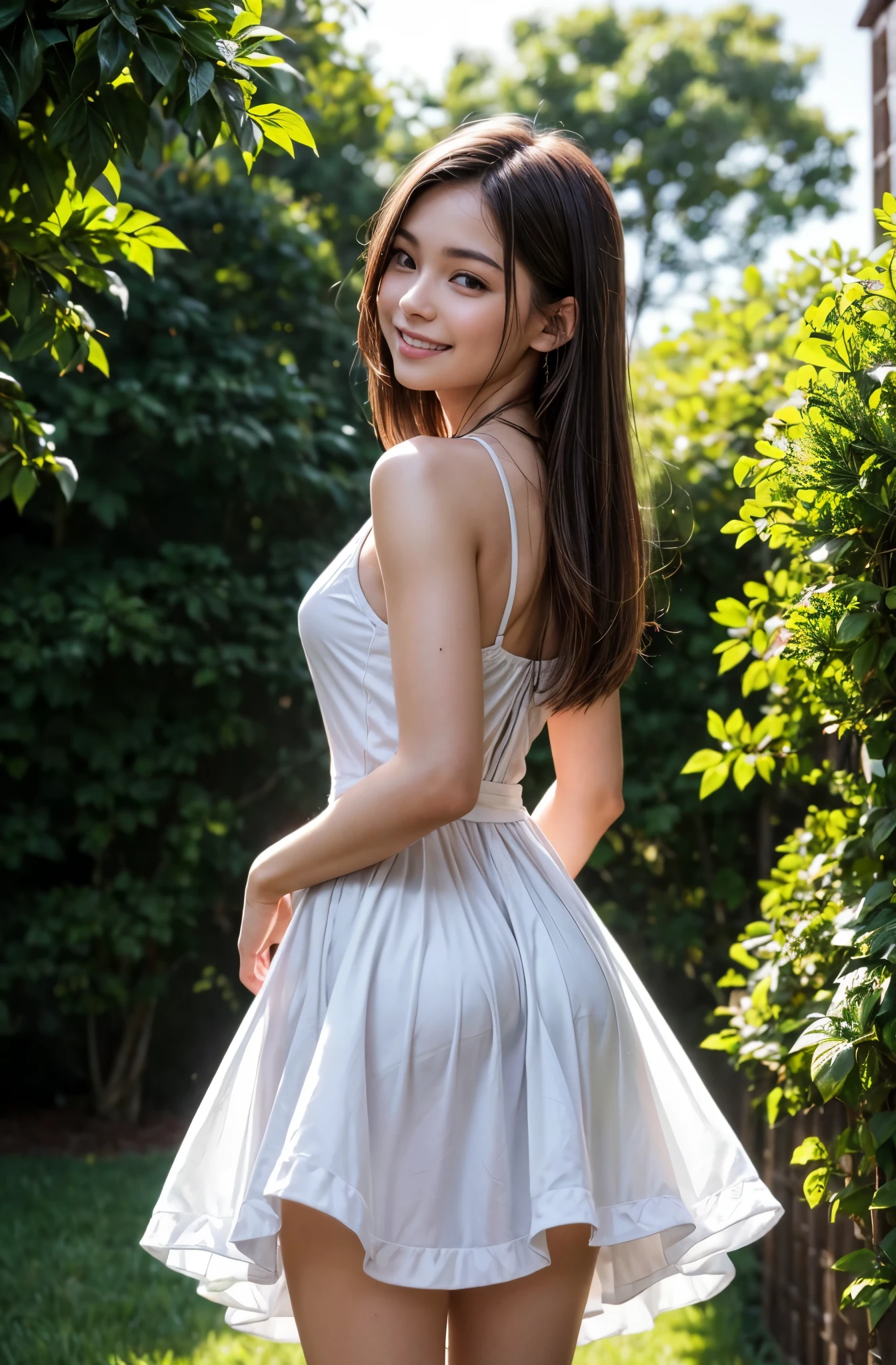 (Even in a dress, the backlight makes your body silhouette stand out.),background outdoors,Raw photo,Best Quality, master piece,high resolution,detailed,(Photorealsitic:1.4),Well-defined contours,beautiful young woman,Beautiful perfect face,(gently smiling:1.2),perfect bodies,perfect arms,Perfect fingers,perfect leg,perfect hair,pores,Realistic skin texture,full body Shot,from below view