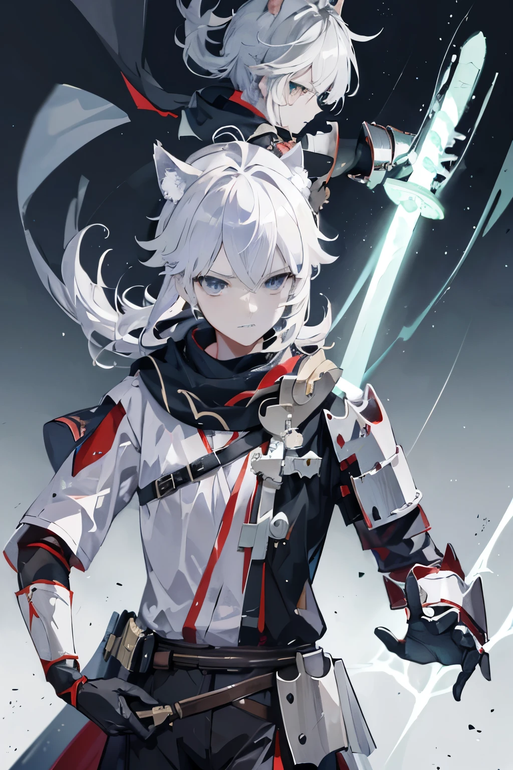 Wallpaper phone，8K quality，best quality，anime characters，Two-dimensional images，1 boy,alone,white hair,gray eyes,(( Templar Silver and Knight Set)), wolf ears, wolf tail, serious face, masterpiece, HD, 4K,((Lightning and thunder at night)),facial details,((attacking with sword))，Put on light armor