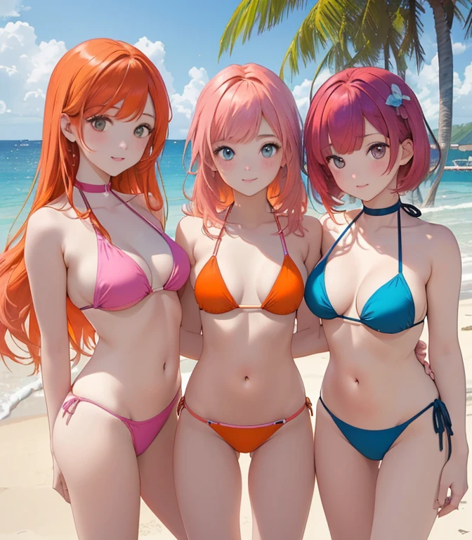 (masterpiece, high quality, high resolution, absurd, super detailed, High saturation、8k),real,,(bikini:1.5),(3girls on the beach:1.2,yuri:1.2)、cute face、beautiful eyes、((one with pink hair)), ((another girl with orange hair at shoulder height)), ((another girl with short blue hair)) (3girls on the beach)