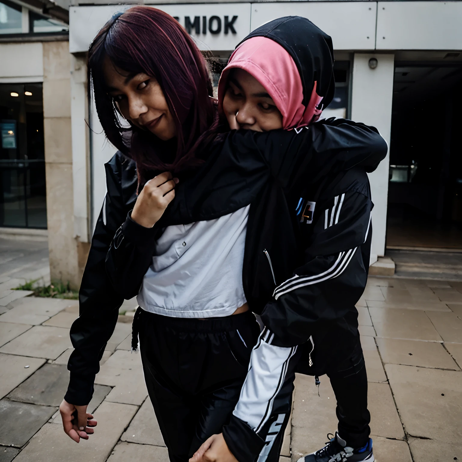 photo of a couple of handsome teenage men with Indonesian faces wearing sleek, shiny black tight vinyl puffer jackets and cargo shorts, hugging and leaning their heads back, beautiful Indonesian-faced girls, pink hair, bangs, sweet smiles, wearing silver shiny vinyl puffer hoodies, monochrome tight vinyl leggings, shiny black monochrome, wearing shoes vans twilight atmosphere on the edge of the hill coffee shop cold in the car bmw z4 m40i open door hugging the man's body tightly