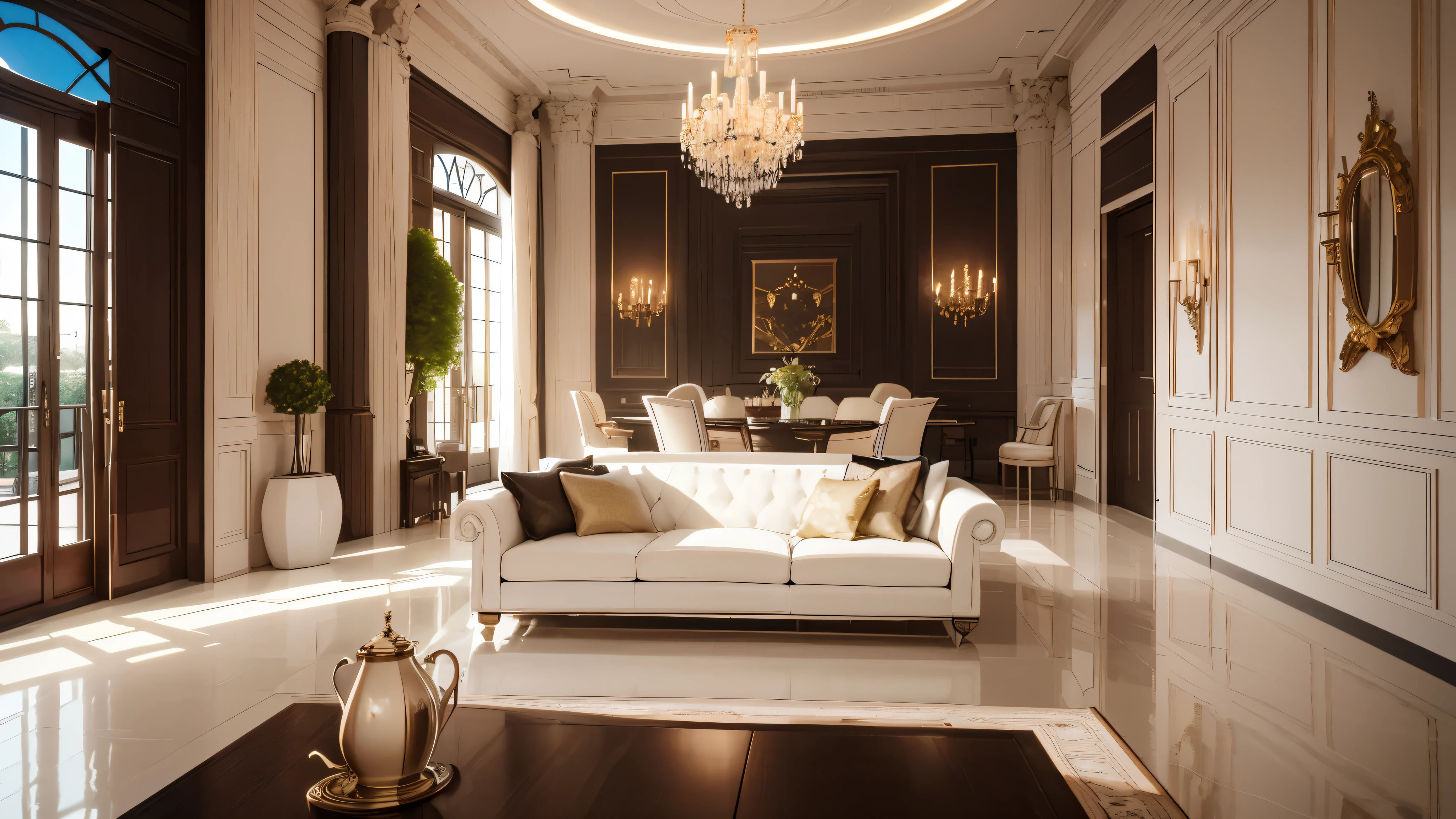 You are a famous interior designer、You have been asked to create a 3D image of a modern large room. Create a harmonious environment with modern and minimalist furniture. Including garden interior.