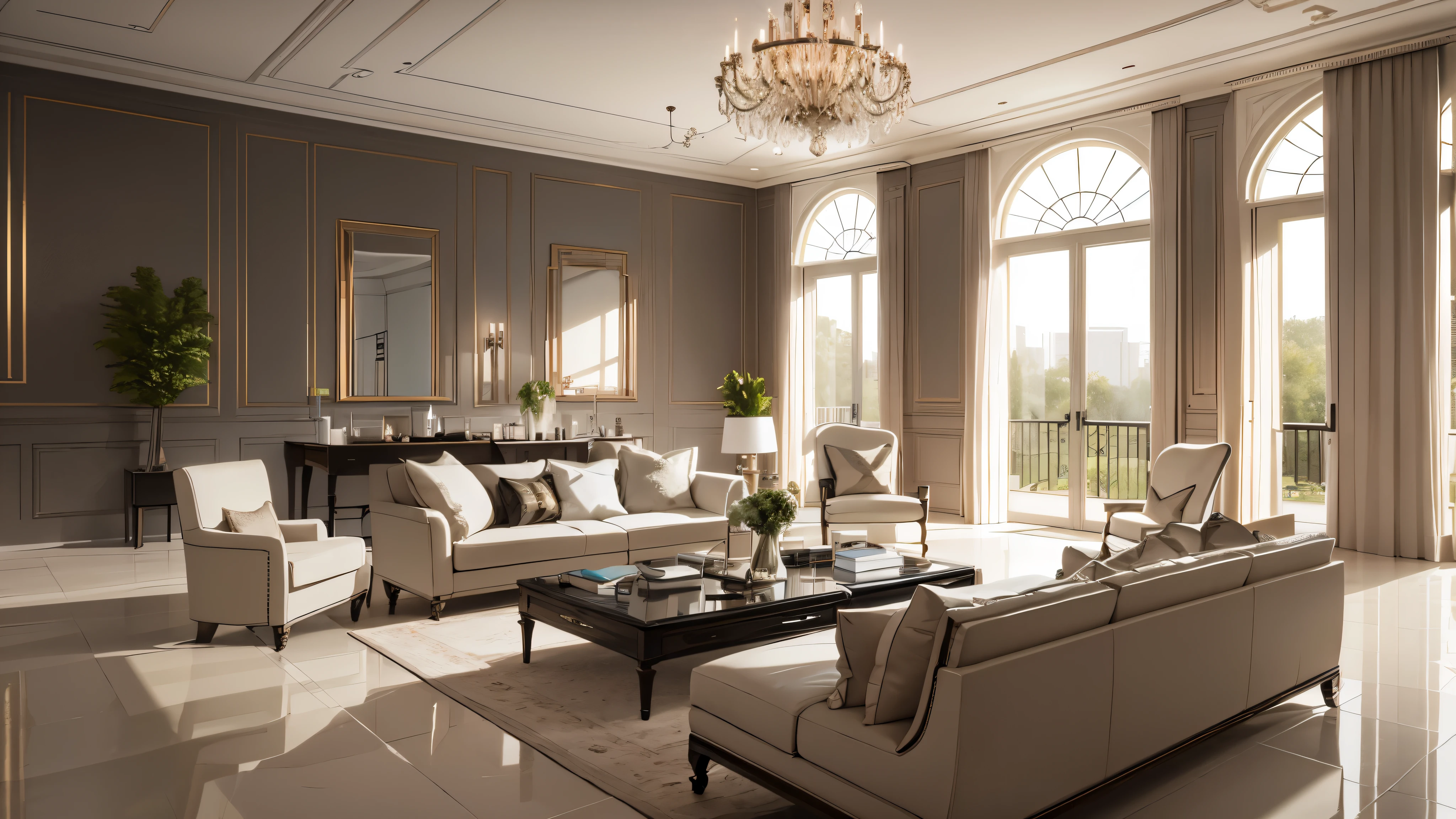 You are a famous interior designer、You have been asked to create a 3D image of a modern large room. Create a harmonious environment with modern and minimalist furniture. Including garden interior.