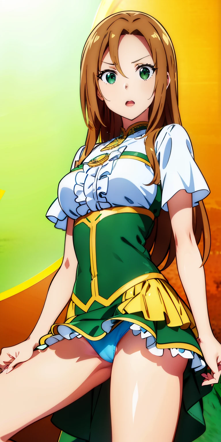 (((highest quality))), ((super detailed)),katalina、 ((illustrinion)), ((messy hair)), ((frills)), super mini skirt、beautiful woman、beautiful breasts、しゃがんinる、spread legs、show whitepanties,Beautiful camel toe、(1 girl),(一人in),brown hair,cowboy_shot,crossed_arm,looking for_in_viewer,Open_mouth,simple_background,Are standing,rining:Safety,agriculture_clothing,green_Clothes,green_eye,((highest quality))), ((super detailed)), ((illustrinion)), ((messy hair)), ((frills)), (1 girl),(一人in),,cowboy_shot,crossed_arm,looking for_in_viewer,Open_mouth,simple_background,Are standing,rining:Safety,agriculture_clothing,green_Clothes,green_eye,