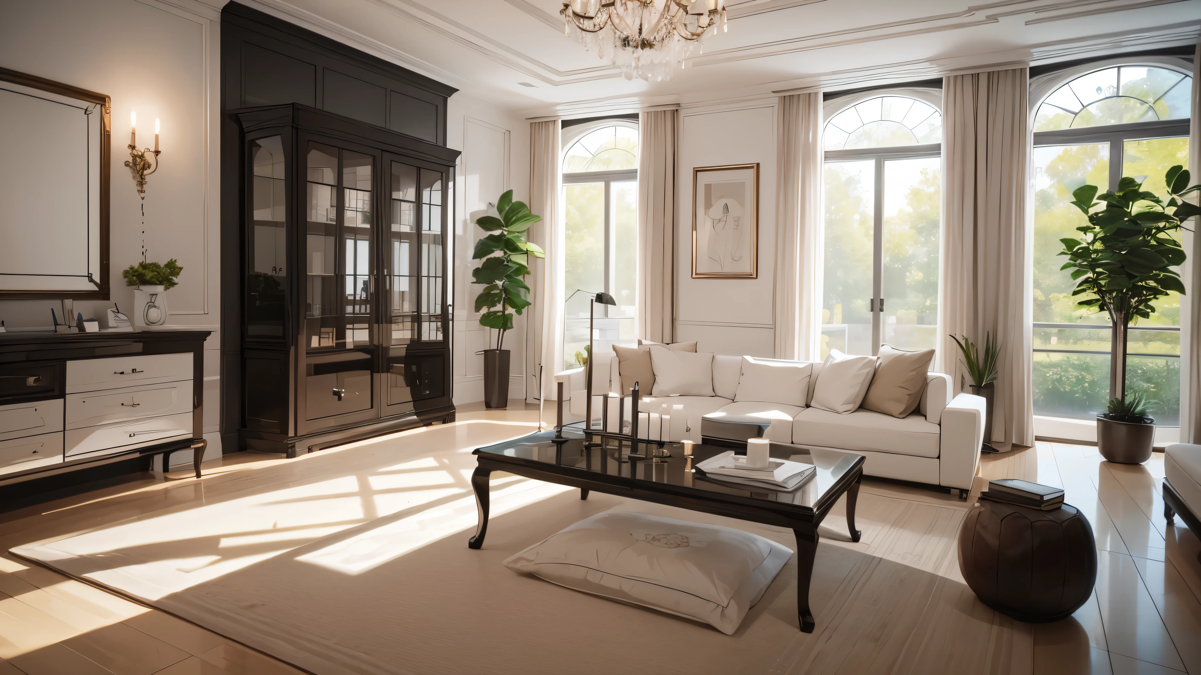 You are a famous interior designer、You have been asked to create a 3D image of a modern large room. Create a harmonious environment with modern and minimalist furniture. Including garden interior.
