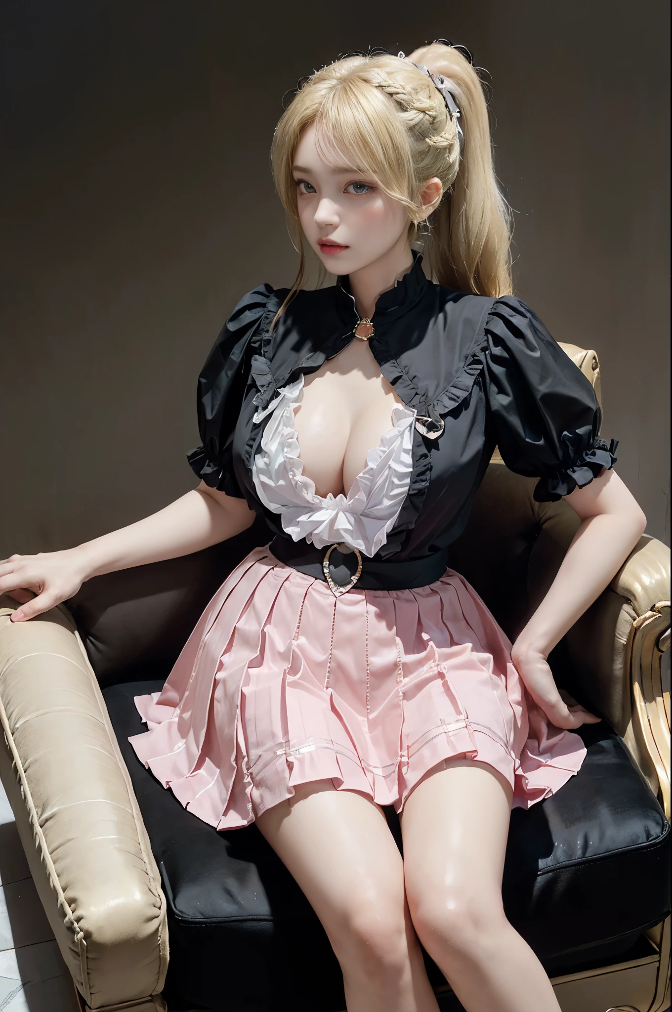 pleated skirt,pink skirt,pink sailor collar, (front focus),(in the dark night:1.6),Surrealist portraits of women by David Hockney and Alphonse Mucha,((Royal sofa)),Sitting on the sofa、fantasy art,((Blonde double ponytail hair))、Photographic Realism,dynamic lighting,art station,poster,Volumetric lighting,The facial details are particularly rich,((huge tits))、Contains diamonds,sexy thighs,Decorated with fine jewelry,A plump chest, in the darkness, deep shadow, low pitch, (knee shot),(official clothing:1.4), Eyes confused and seductive