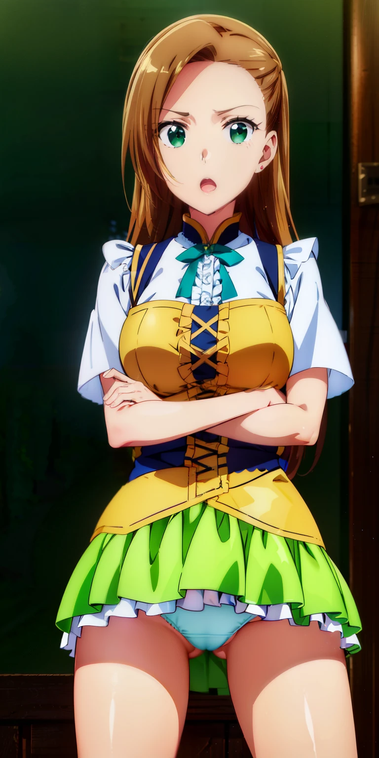 (((highest quality))), ((super detailed)),katalina、 ((illustrinion)), ((messy hair)), ((frills)), super mini skirt、beautiful woman、beautiful breasts、しゃがんinる、spread legs、show whitepanties,Beautiful camel toe、(1 girl),(一人in),brown hair,cowboy_shot,crossed_arm,looking for_in_viewer,Open_mouth,simple_background,Are standing,rining:Safety,agriculture_clothing,green_Clothes,green_eye,((highest quality))), ((super detailed)), ((illustrinion)), ((messy hair)), ((frills)), (1 girl),(一人in),,cowboy_shot,crossed_arm,looking for_in_viewer,Open_mouth,simple_background,Are standing,rining:Safety,agriculture_clothing,green_Clothes,green_eye,