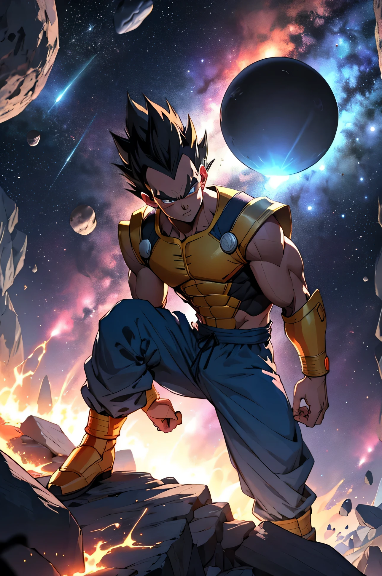Draw a young Vegeta sitting standing in the middle of an asteroid belt. He is wearing white and blue saiyan armor with a princepe cape and has a saiyan tail. He's forming a ball of energy in his hands, surrounded by several asteroids glowing with auras of fire. The dramatic illumination of distant stars and planets illuminates the scene, casting deep shadows on the costume. O jovem parece confiante e determinado, looking at the vast and mysterious universe with admiration and respect.