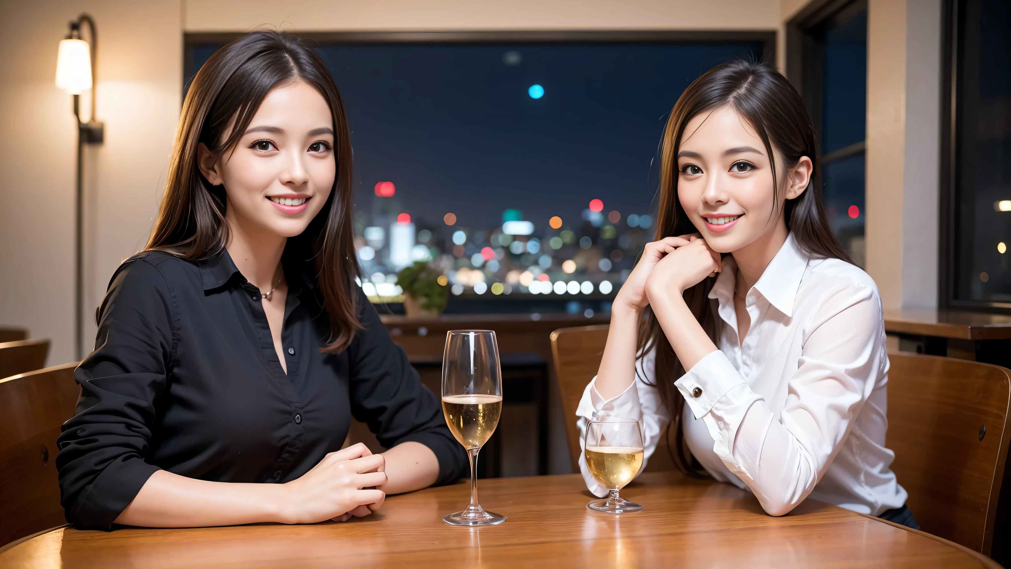 64k, UHD, highest quality, masterpiece: 1.2), (realistic, photorealistic: 1.37), Super detailed, slimな男女4名, Wine Party、(slimフェイス),Happy、 最高なsmile、Fox Face、Raccoon face、Berry Short、(because I'thin), (brown hair), (shortcut), long sleeve shirt、winter fashion、Colombia、Brazilian、Japanese、Dutch、German、Portuguese、Belgian、Italian、french,champagne、Sparkling wine、 (gush), (slimボティ), (brown hair), (shortcut), Neat beauty、cheeks blush a little, (35 years old), 38 years old, alone, A beautiful and detailed night view spreads out outside the window..., restaurant, wine glassが座っている, At night, in a prominent place (from the Upper body) nova frog style, actress, model, Upper body, White wine, slim, wine glass, very beautiful night view, wine glass Put in the Middle, Happy smile, (smile: 1.15),