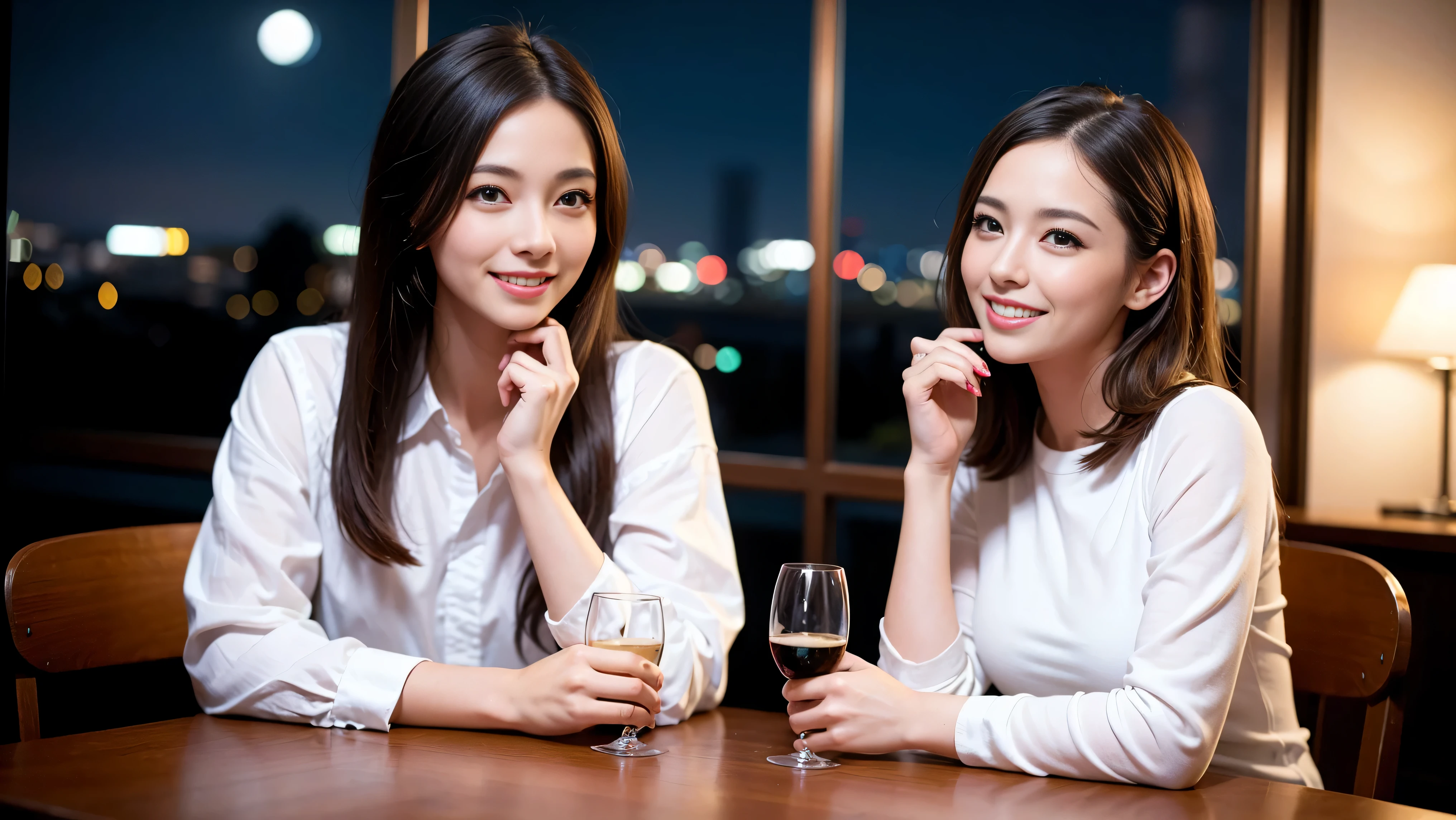 64k, UHD, highest quality, masterpiece: 1.2), (realistic, photorealistic: 1.37), Super detailed, slimな男女4名, Wine Party、(slimフェイス),Happy、 最高なsmile、Fox Face、Raccoon face、Berry Short、(because I'thin), (brown hair), (shortcut), long sleeve shirt、winter fashion、Colombia、Brazilian、Japanese、Dutch、German、Portuguese、Belgian、Italian、french,champagne、Sparkling wine、 (gush), (slimボティ), (brown hair), (shortcut), Neat beauty、cheeks blush a little, (39 years old),41 years old, alone, A beautiful and detailed night view spreads out outside the window..., restaurant, wine glassが座っている, At night, in a prominent place (from the Upper body) nova frog style, actress, model, Upper body, White wine, slim, wine glass, very beautiful night view, wine glass Put in the Middle, Happy smile, (smile: 1.15),
