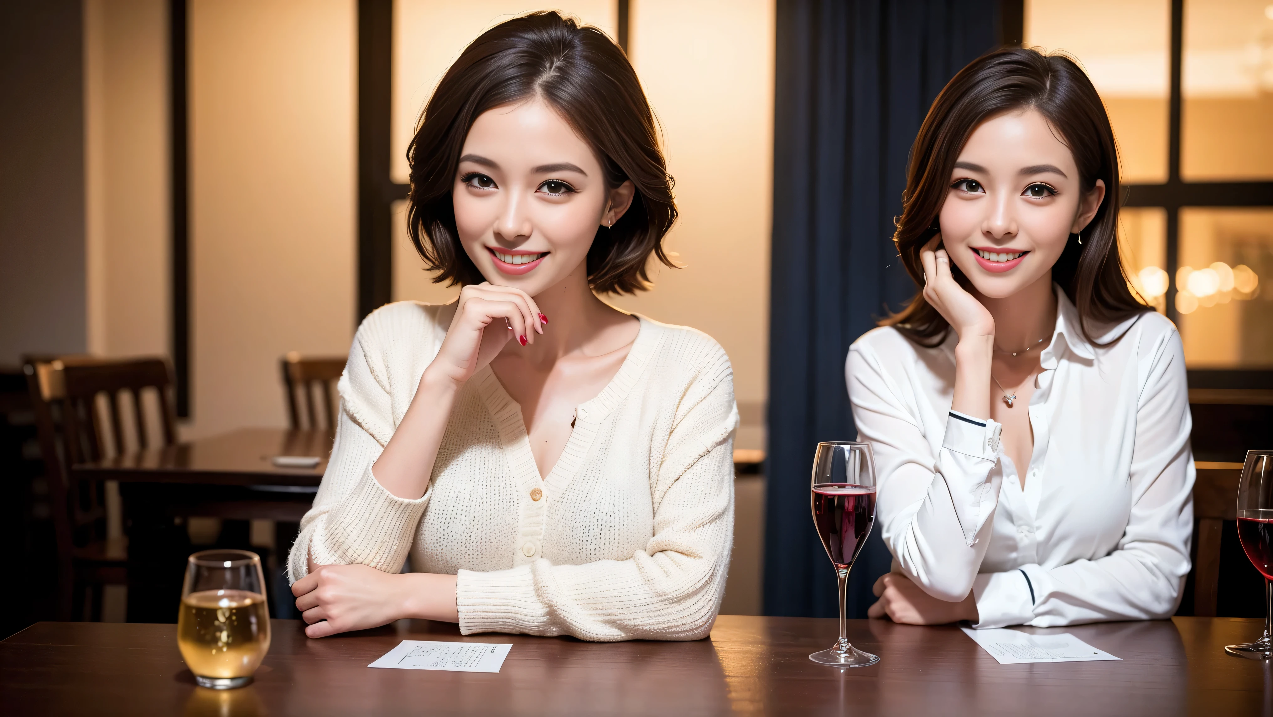 64k, UHD, highest quality, masterpiece: 1.2), (realistic, photorealistic: 1.37), Super detailed, slimな男女4名, Wine Party、(slimフェイス),Happy、 最高なsmile、Fox Face、Raccoon face、Berry Short、(because I'thin), (brown hair), (shortcut), long sleeve shirt、winter fashion、Colombia、Brazilian、Japanese、Dutch、German、Portuguese、Belgian、Italian、french,champagne、Sparkling wine、 (gush), (slimボティ), (brown hair), (shortcut), Neat beauty、cheeks blush a little, (39 years old),41 years old, alone, A beautiful and detailed night view spreads out outside the window..., restaurant, wine glassが座っている, At night, in a prominent place (from the Upper body) nova frog style, actress, model, Upper body, White wine, slim, wine glass, very beautiful night view, wine glass Put in the Middle, Happy smile, (smile: 1.15),
