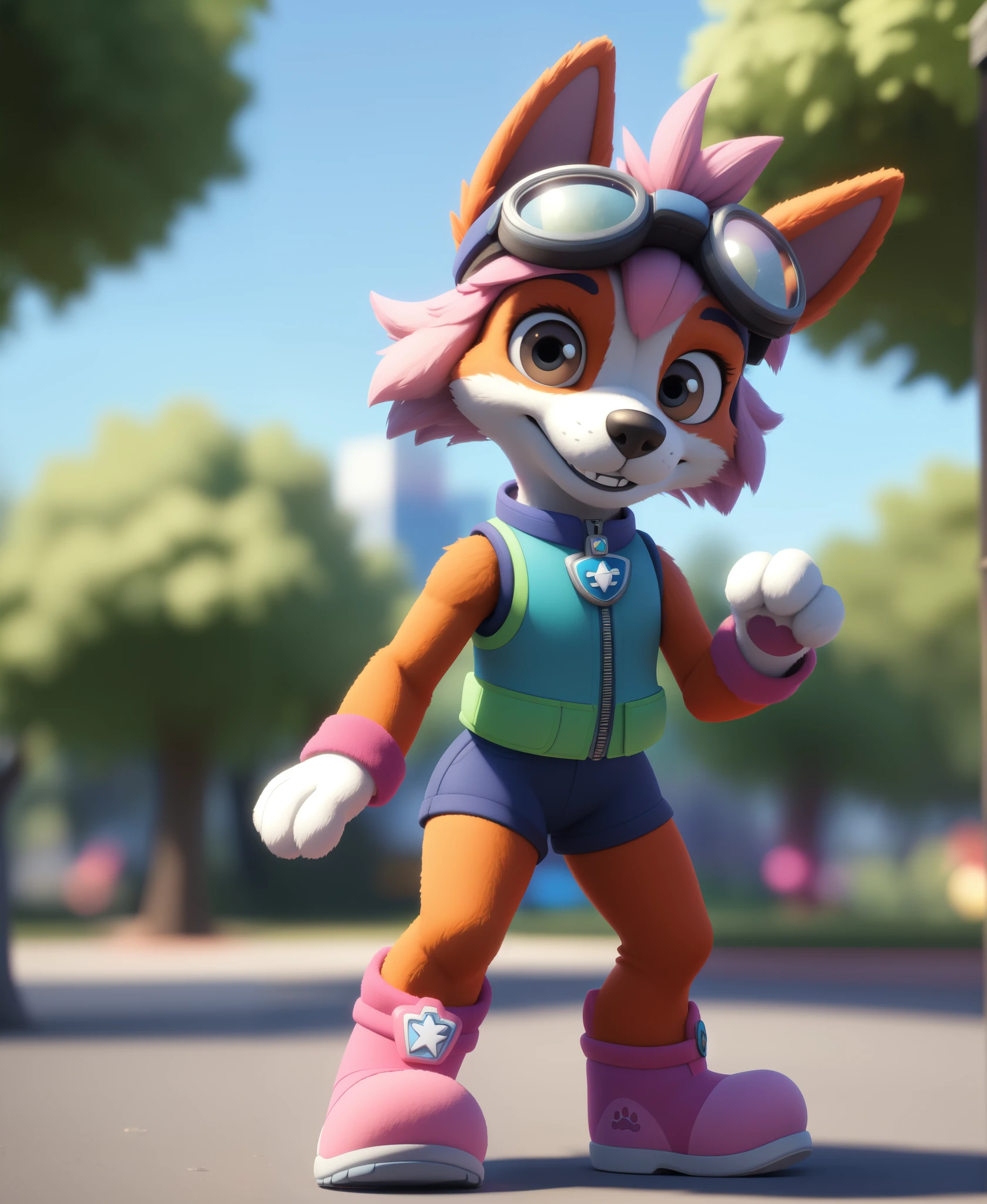 ((masterpiece, best quality:1.4)), bokeh, fluffy, 3d,
female, solo, female focus, solo focus, full-length portrait, front view, looking at viewer, standing, smile, 
skyepawpatrol, skye \(paw patrol\), 
goggles, pink vest, sleeveless, bottomless, 
park,