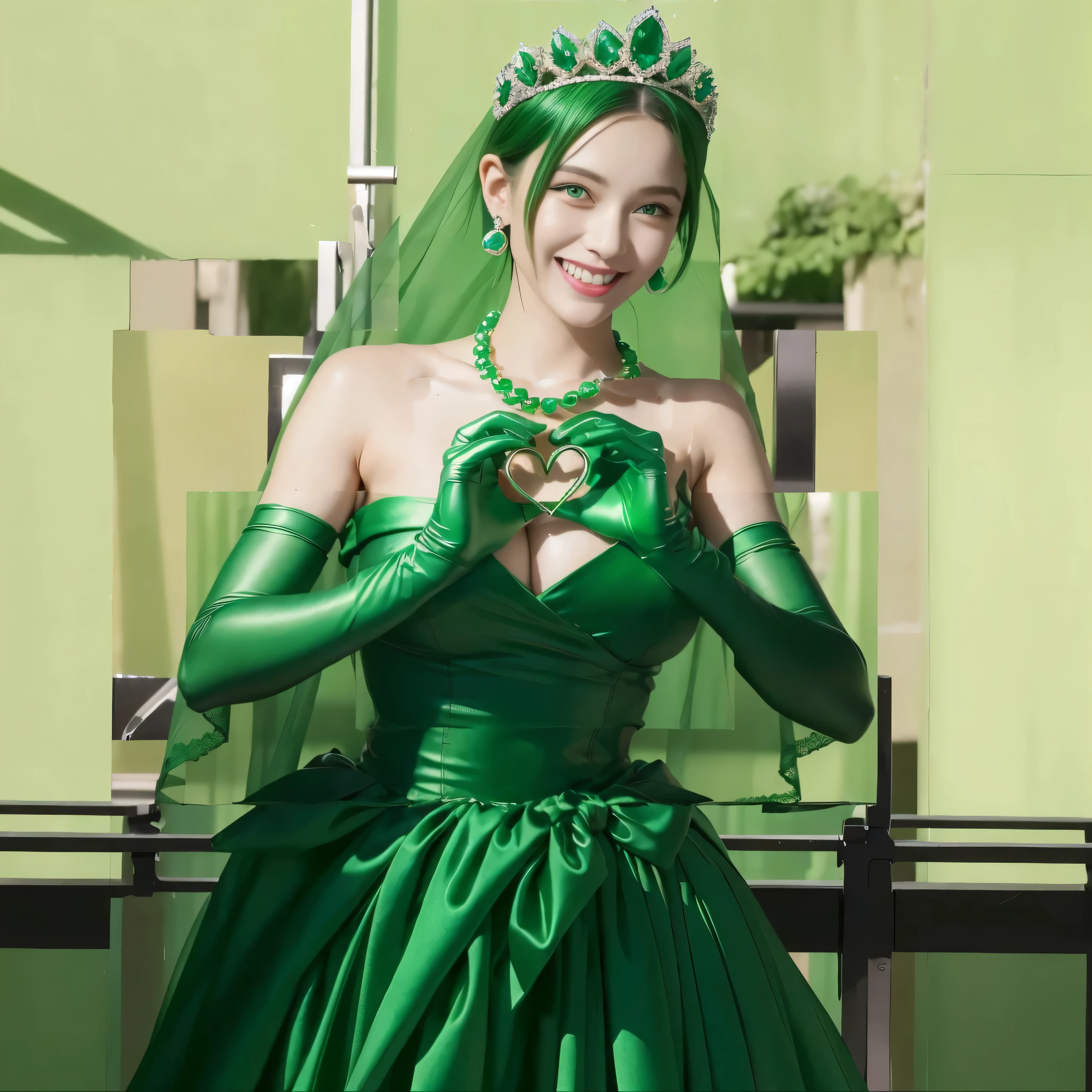 highest quality、masterpiece、(realistic:1.2), emerald tiara, green pearl necklace, ボーイッシュな非常に短いgreen hair, lipstick, smiling woman, very short hair, Beauty with large breasts, green eyes, Long Green Satin Gloves, green eyes, emerald earrings, green veil, heart with both hands, green hair, Beautiful woman, heart shaped hand:1.3