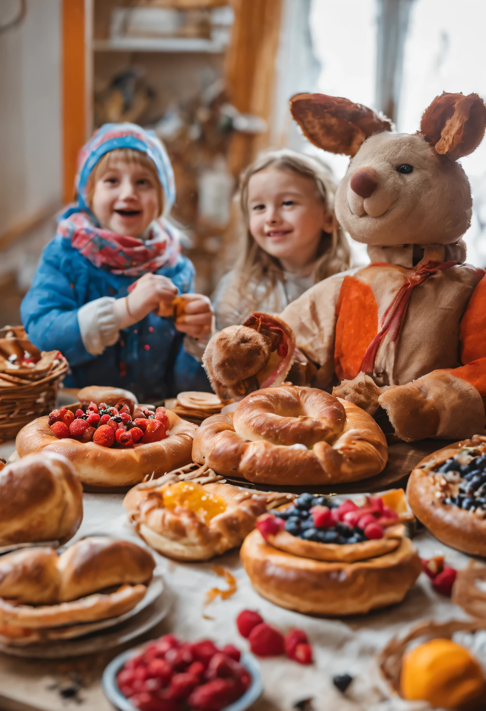 photo of the Russian folk holiday Maslenitsa, children and adults rejoice , in the photo are the attributes of a Maslenitsa bagel, Drying, samovar, Berries, stuffed animal, High quality