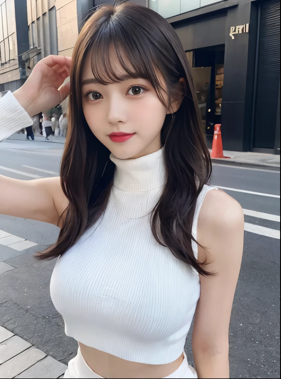 pieces fly、highest quality、An illustration、super fine、Are you okay、High resolution、8k wallpaper、perfect dynamic composition、(((whole bodyエスビアン)))、((from below))、20 year old cute girl、detailed beautiful face、detailed and cute eyes、fine-textured skin、My cheeks turned red、shy、(Long-haired hair:1.3)、(wavy black hair)、big breasts、bold sexy pose、smile、(sleeveless、Navel exposure、white fitted turtleneck)、hot pants laces street、big breasts、open your legs、thin butt、front,whole body,Please generate on the eaves.、thin shoulders、In underwear、