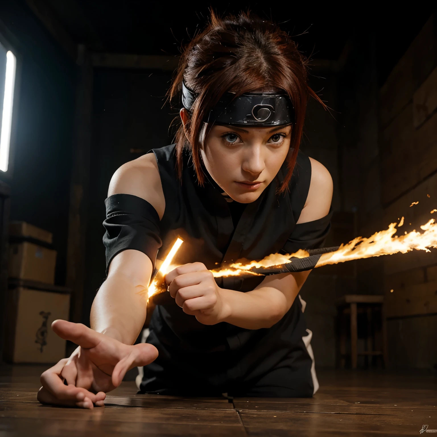 A sensuous ninja warrior with fiery red hair, wearing barely-there black lingerie, executing a high kick in a dimly lit dojo, hentai style.