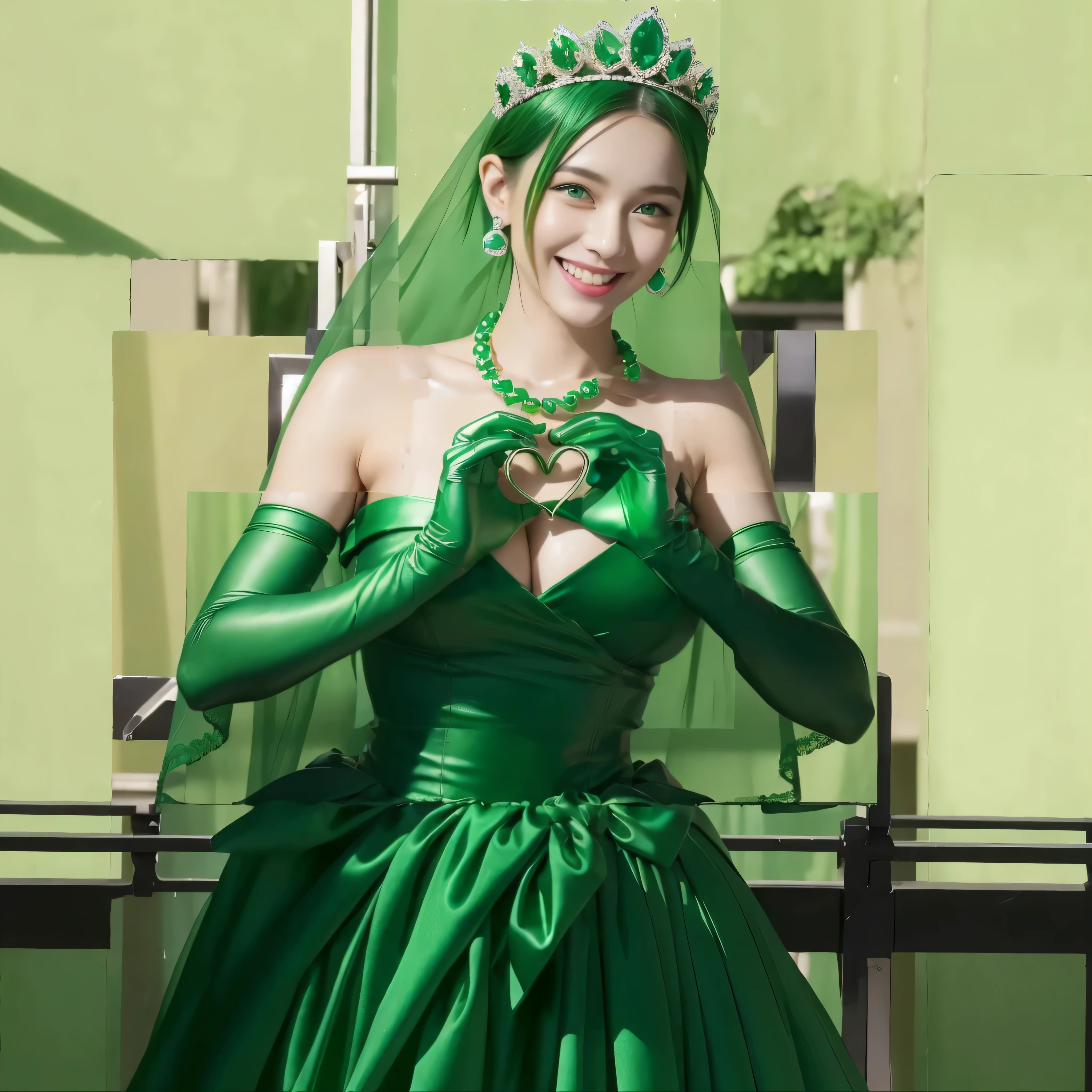 highest quality、masterpiece、(realistic:1.2), emerald tiara, green pearl necklace, ボーイッシュな非常に短いgreen hair, lipstick, smiling woman, very short hair, Beauty with large breasts, green eyes, Long Green Satin Gloves, green eyes, emerald earrings, green veil, heart with both hands, green hair, Beautiful woman, heart shaped hand:1.3