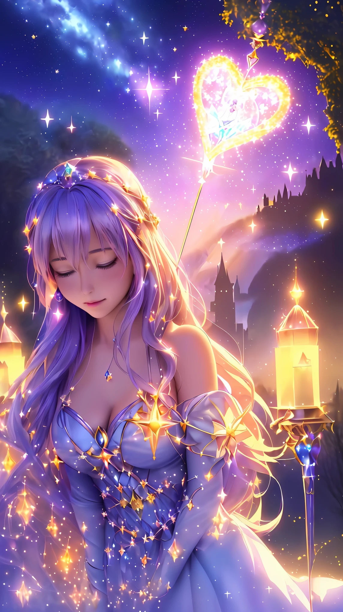 Fantastical starry sky, magical girl waving her magic wand, illuminating the world, warming hearts, starry castle, sense of mystery, fairy tale story, (best quality, 4k, 8k, highres, masterpiece:1.2), ultra-detailed, (realistic, photorealistic, photo-realistic:1.37), enchanting night, (heartwarming glow:1.1), (magical aura:1.1), (whimsical charm:1.1), (celestial beauty:1.1), (wonder and magic:1.1), (fairy tale come to life:1.1), (mystical castle:1.1), (whispers of magic:1.1), (luminous grace:1.1), (dreamlike allure:1.1), (spellbinding adventure:1.1), (twinkling stars:1.1), (ethereal presence:1.1), (inspiring hope:1.1), (guardian of light:1.1), (fantasy realm:1.1), (enchantress of the night:1.1), (mythical enchantment:1.1), (heart of magic:1.1), (fabled narrative:1.1)