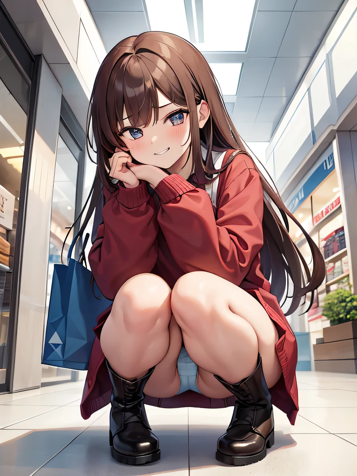 (1) A woman squats down with both knees on the floor、Facing this way, her skirt is short、You can almost see her light blue panties.
(2) The woman is wearing a red long-sleeved knitted mini dress and brown boots。.
(3) Women have long brown hair.
(4) her expression is a grin.
(5) The location is outside the shopping mall..