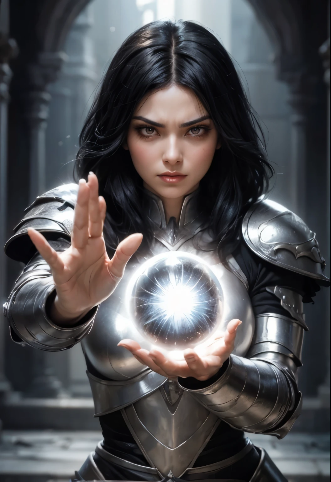 A beautiful woman holds her palm facing the camera, trying to use magic. A round energy ball is born in the palm of your hand. A beautiful woman with black hair and black eyes. She wears silver armor.She has an angry look on her face.