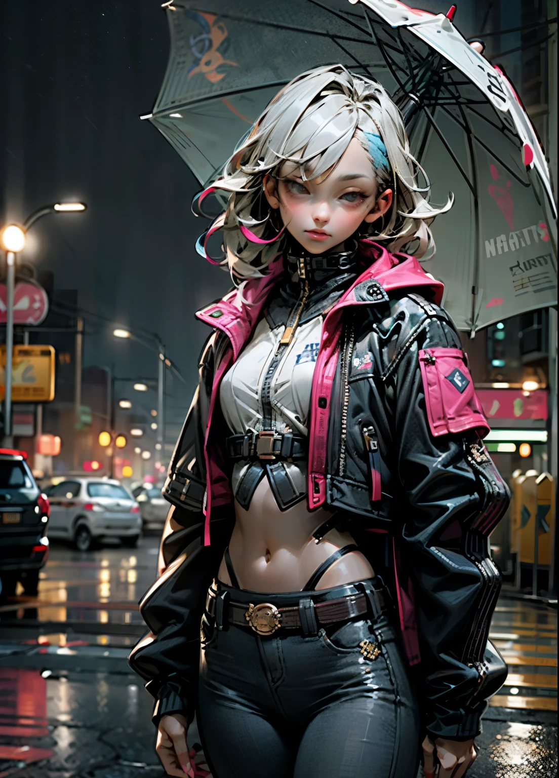 (Masterpiece), (Best Quality), Ultra Detailed, Realistic, (Realistic), 8K, (Clear Focus)
Portrait, 1 girl, beautiful face, asymmetrical hair, multi-colored hair, belt, tights, cover mouth, cover navel, sleeve separated, gray eyes, buttock slit, open jacket, cute, look at the audience, night city, neon signs, rainy days,