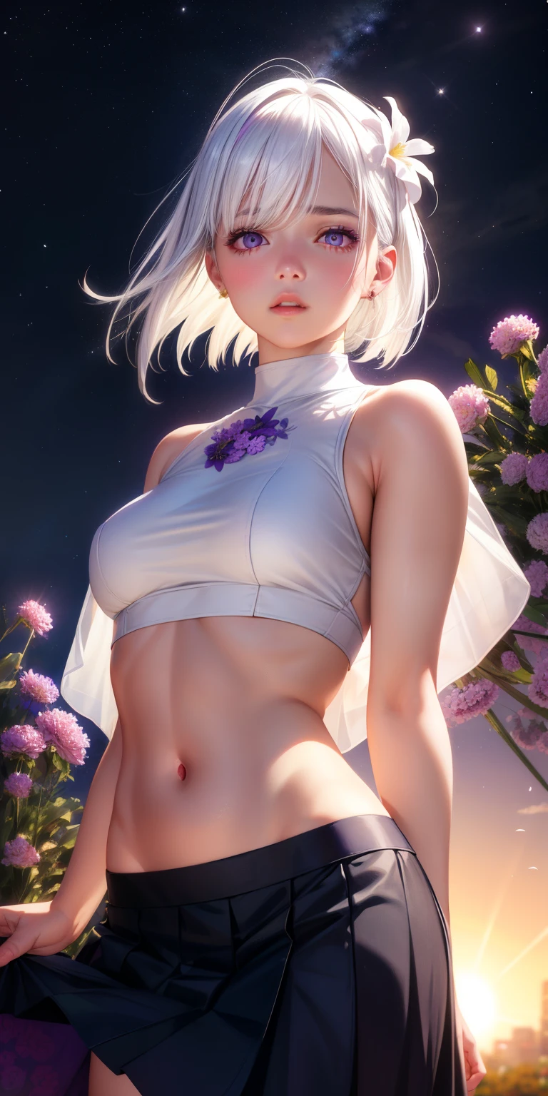 realistic, 1girl, white hair, purple eyes, glowing eyes, crop top, skirt, parted lips, blush, night, flowers, sun, sunlight,