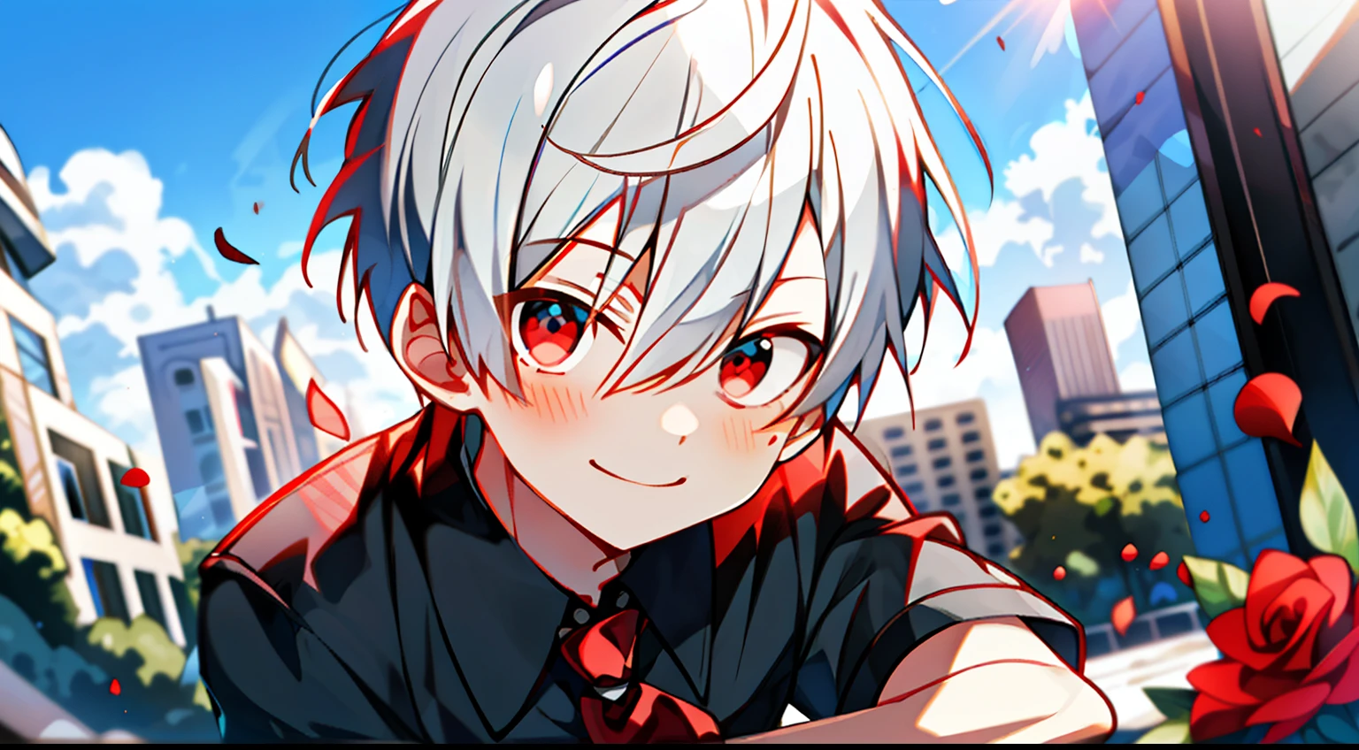 (high-quality, breathtaking),(expressive eyes, perfect face), 1boy, solo, short, young boy, short hair, white hair, red eyes, smiling, black school uniform, wear short shorts, urban setting, sunshine, blue sky, shine, glow, red roses.