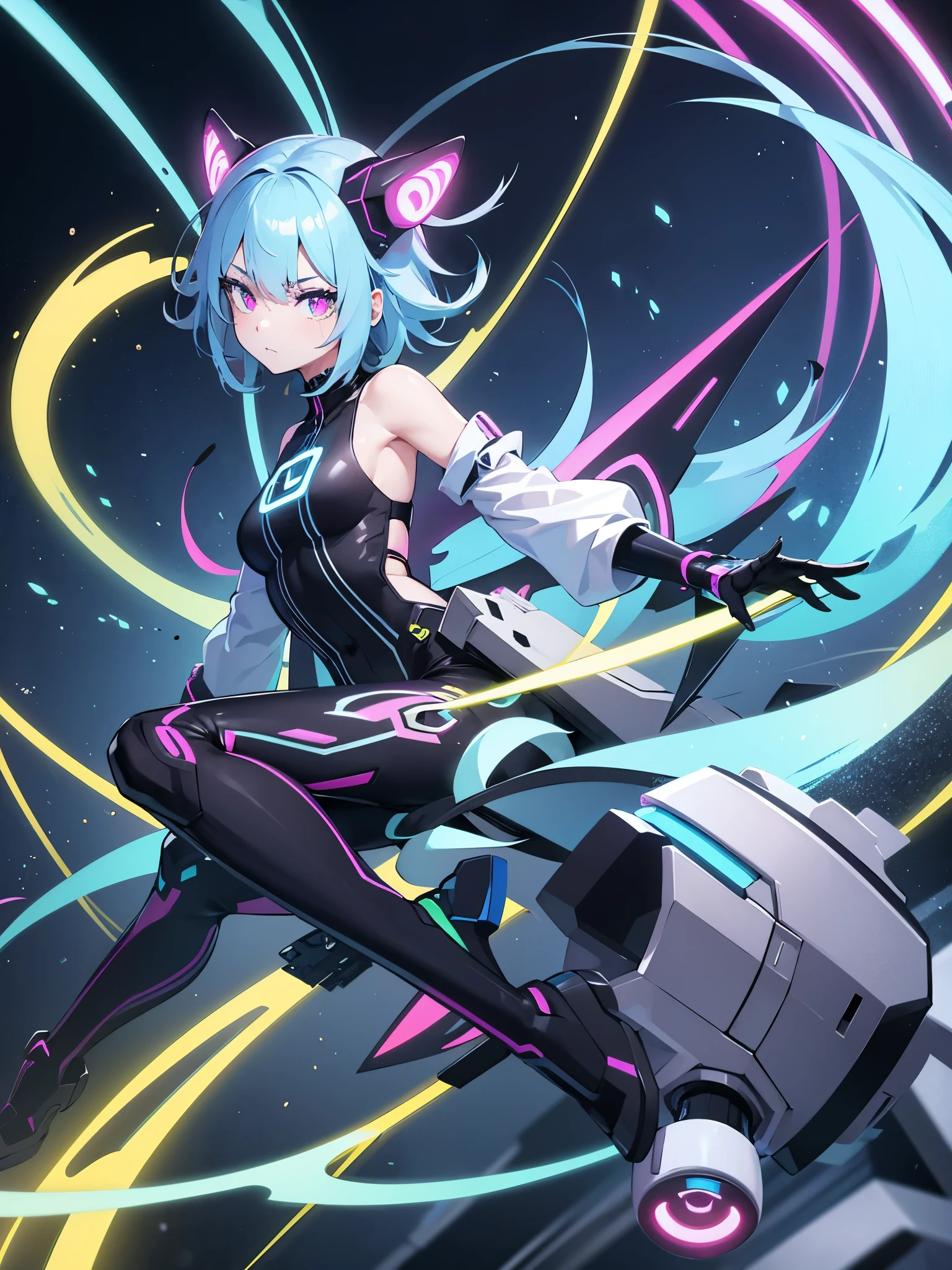 a girl,neon hair,(Double tail),heterochromatic pupils,Long sleeves with off-the-shoulders,(Robotic arm),Floating state,naughty expression,Digital background,Avatars,AI,High quality 4K,detailed details