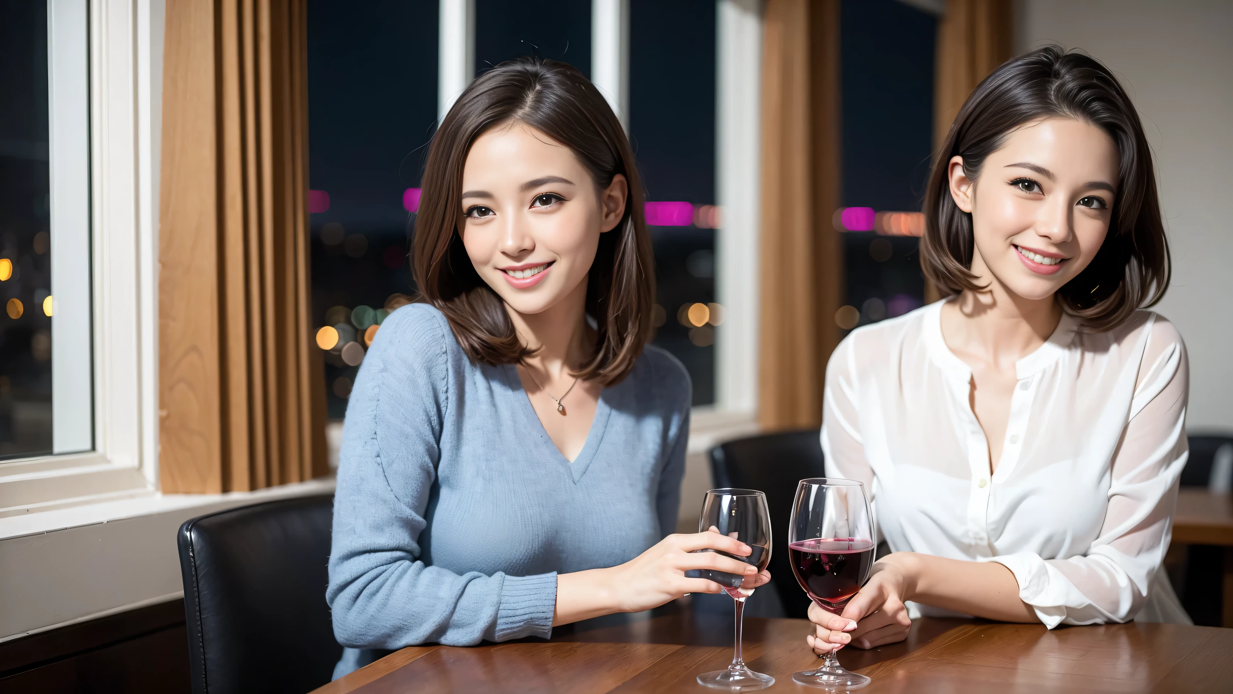 64k, UHD, highest quality, masterpiece: 1.2), (realistic, photorealistic: 1.37), Super detailed, There are many wine fans.、slimな男女4名, Wine party for 5 people、(slimフェイス),Happy、 最高なsmile、Fox Face、Raccoon face、Berry Short、(because I'thin), (brown hair), (shortcut), long sleeve shirt、winter fashion、Colombia、Brazilian、Japanese、Dutch、German、Portuguese、Belgian、Italian、french,champagne、Sparkling wine、 (gush), (slimボティ), (brown hair), (shortcut), Neat beauty、cheeks blush a little, (35 years old), 38 years old, alone, A beautiful and detailed night view spreads out outside the window..., restaurant, wine glassが座っている, At night, in a prominent place (from the Upper body) nova frog style, actress, model, Upper body, White wine, slim, wine glass, very beautiful night view, wine glass Put in the Middle, Happy smile, (smile: 1.15),