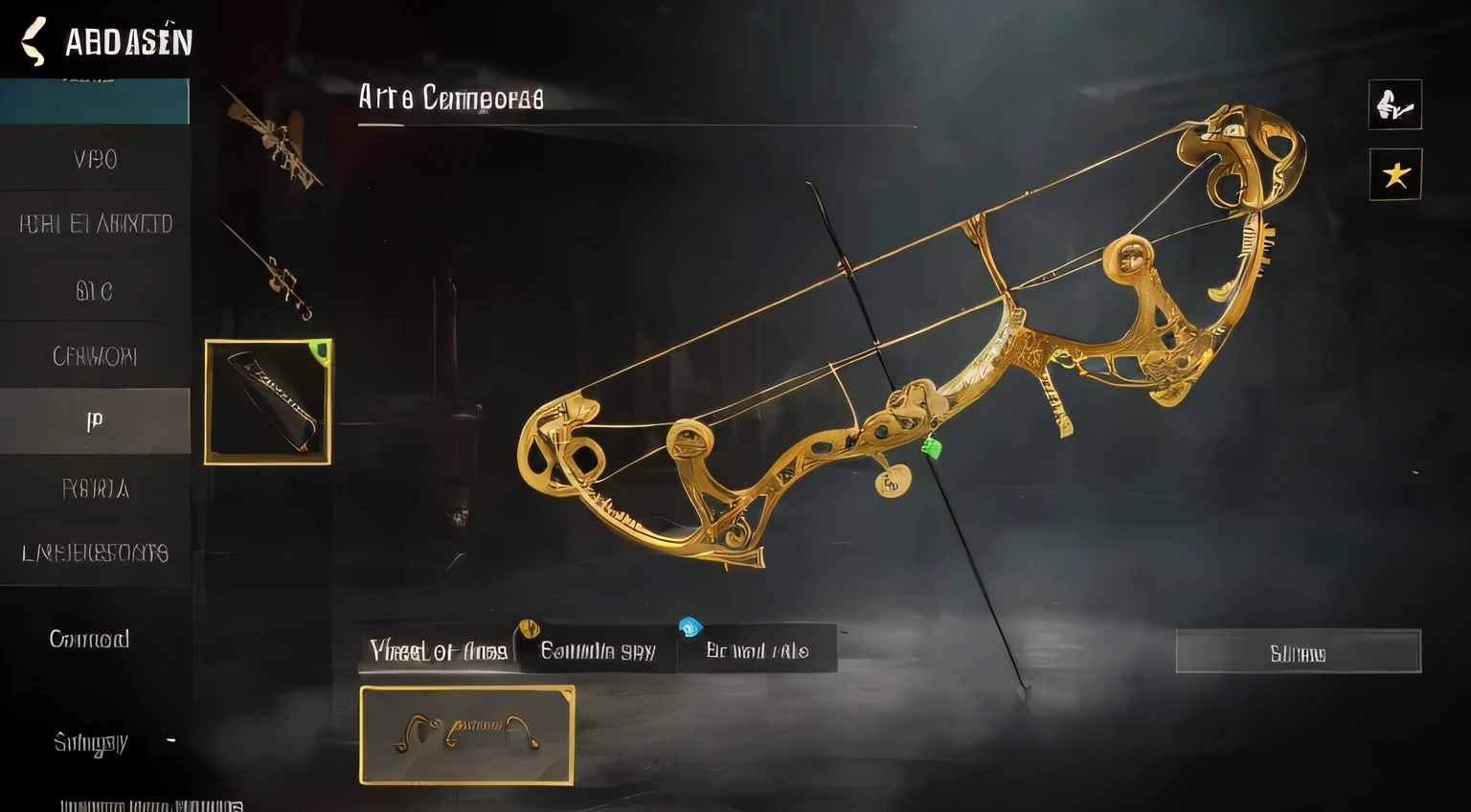 um close de um arco e flechas em um jogo, No jogo, No jogo, No jogo, advanced warfare, arco curto, hold mechanical bow and arrow, arco ornamental, lacing tool, loading screen”, lacing, a.C, full body view, Longbow, epic composistion, Trabalho Perfeito, Besta, visando
