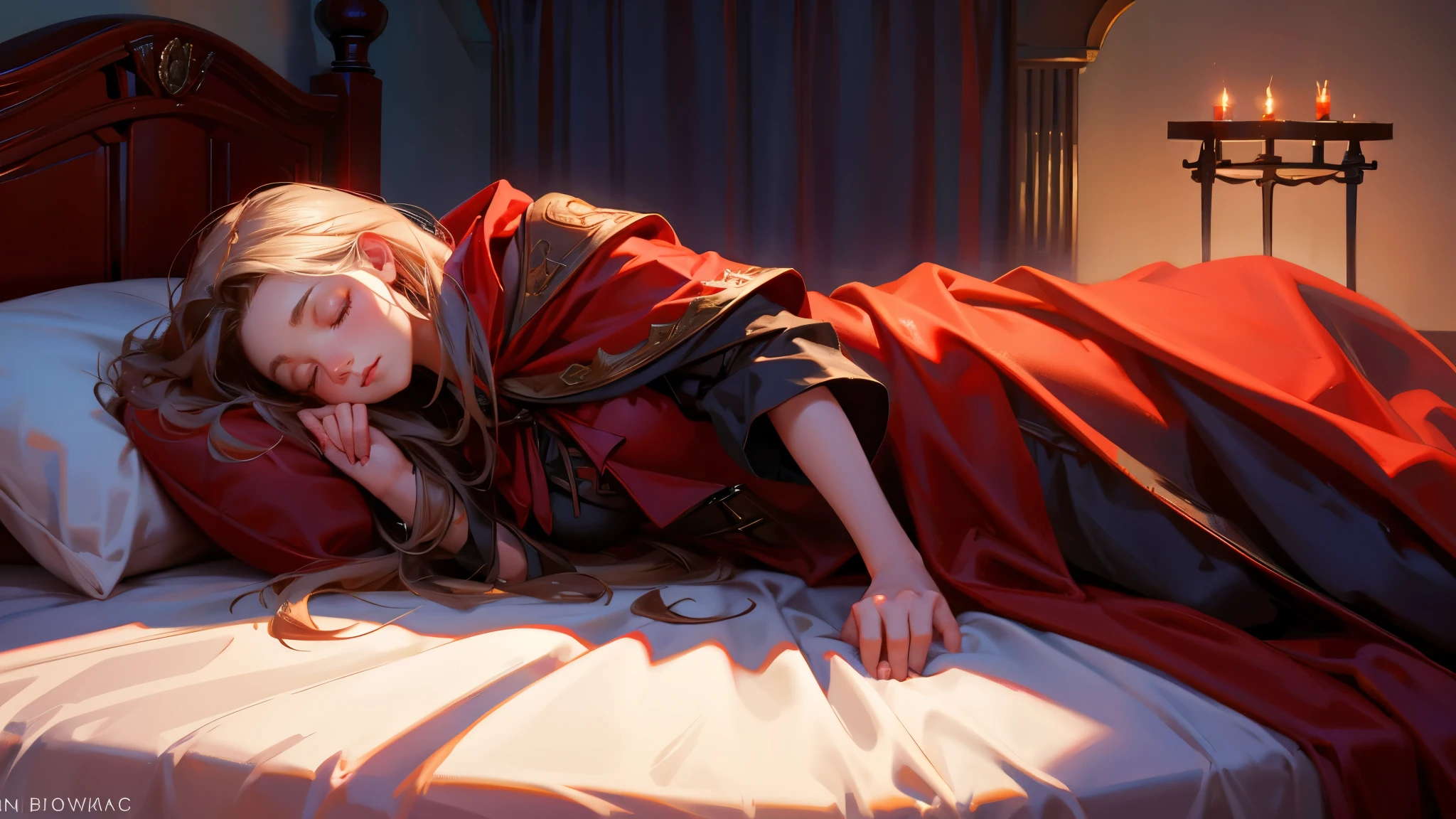 A girl wearing a red cloak was standing in front of the bed and the werewolf was sleeping on the bed