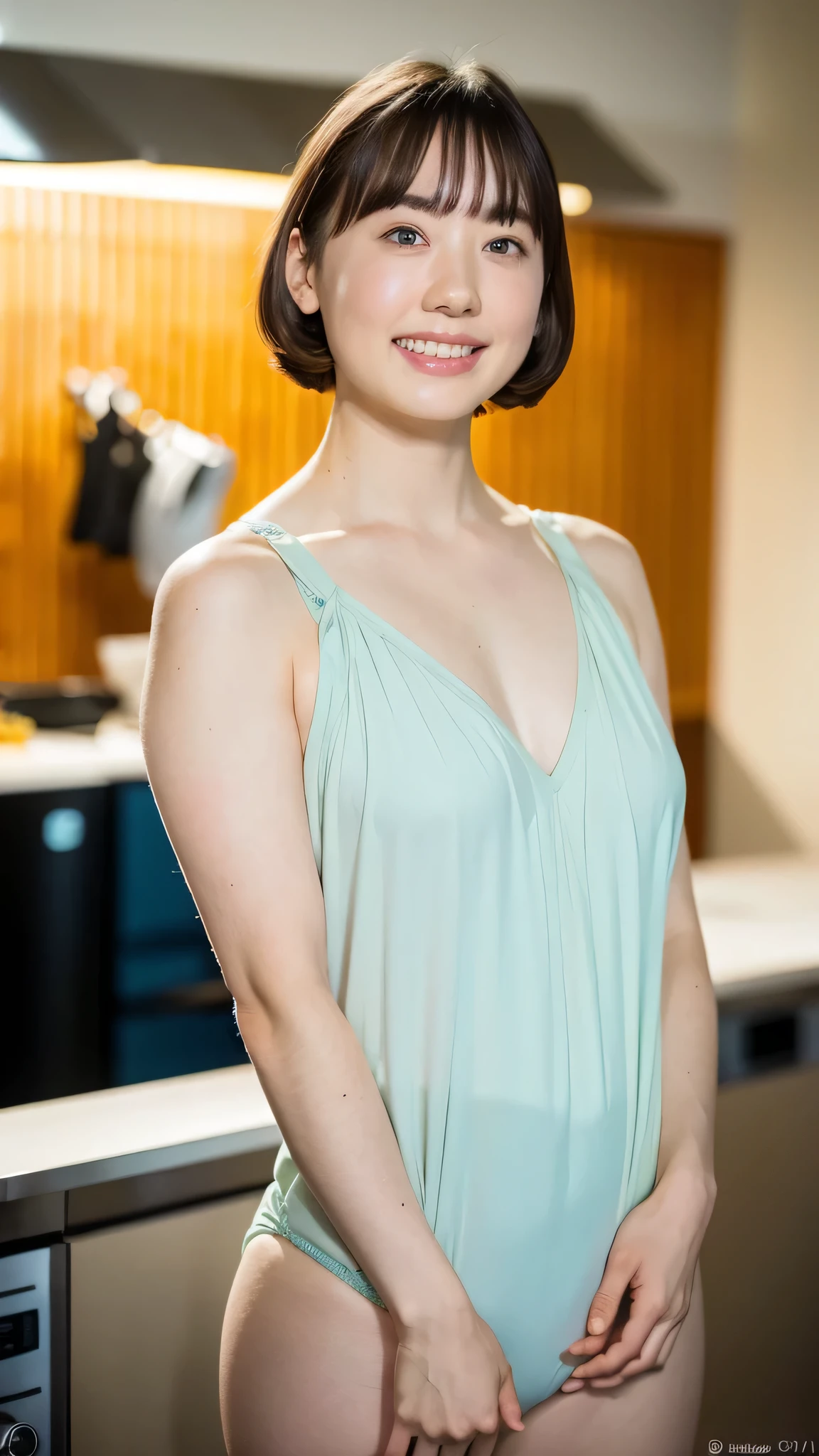 (highest quality,16k,High resolution,masterpiece:1.2),Super detailed,(realistic,photorealistic,photo-realistic:1.37),european、the most beautiful woman in the world、Beautiful clear white skin、((Upper body portrait from the knees up)),((standing pose in bikini)),18-year-old,beautiful detailed face,Detail view,renaissance art,delicate artwork,kitchen,kitchen apron,teenage girl,Soft and pastel color palette,studio lighting