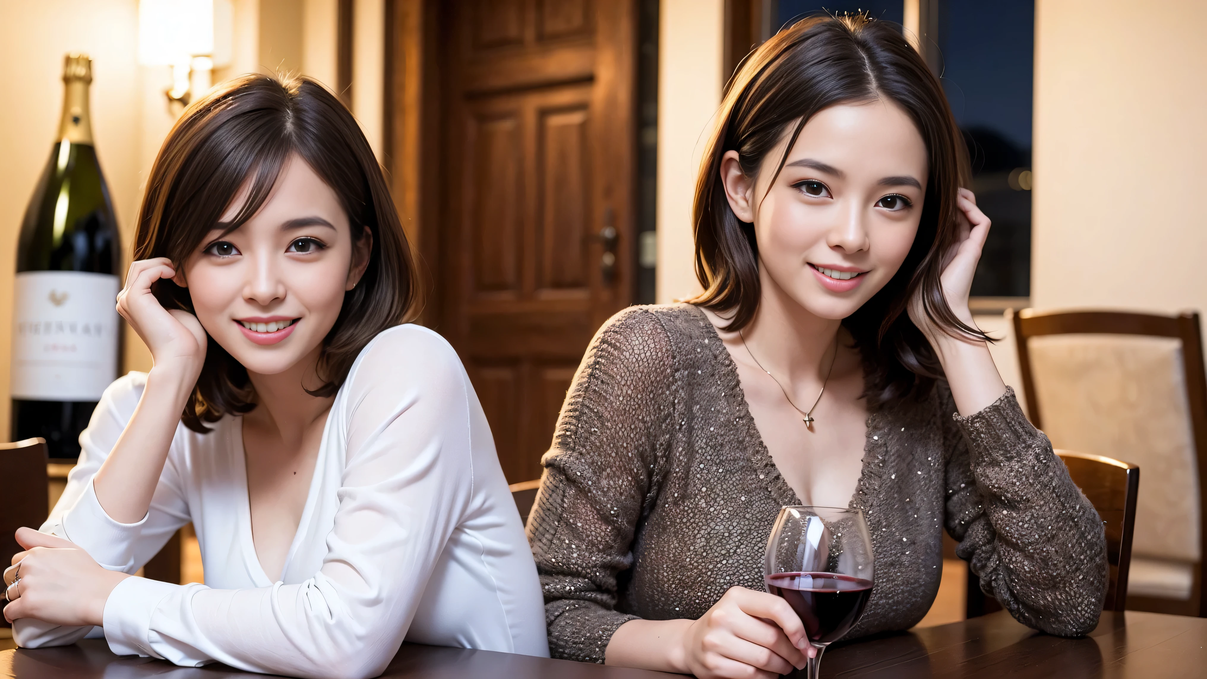 64k, UHD, highest quality, masterpiece: 1.2), (realistic, photorealistic: 1.37), Super detailed, There are many wine fans.、(slimな男女4名),(Wine party for 5 people)、(slimフェイス),Happy、 最高なsmile、Fox Face、Raccoon face、Berry Short、(because I&#39;thin), (brown hair), (shortcut), long sleeve shirt、winter fashion、Colombia、Brazilian、Japanese、Dutch、German、Portuguese、Belgian、Italian、french,champagne、Sparkling wine、 (gush), (slimボティ), (brown hair), (shortcut), Neat beauty、cheeks blush a little, (35 years old), 38 years old, alone, A beautiful and detailed night view spreads out outside the window..., restaurant, wine glassが座っている, At night, in a prominent place (from the Upper body) nova frog style, actress, model, Upper body, White wine, slim, wine glass, very beautiful night view, wine glass Put in the Middle, Happy smile, (smile: 1.15), 