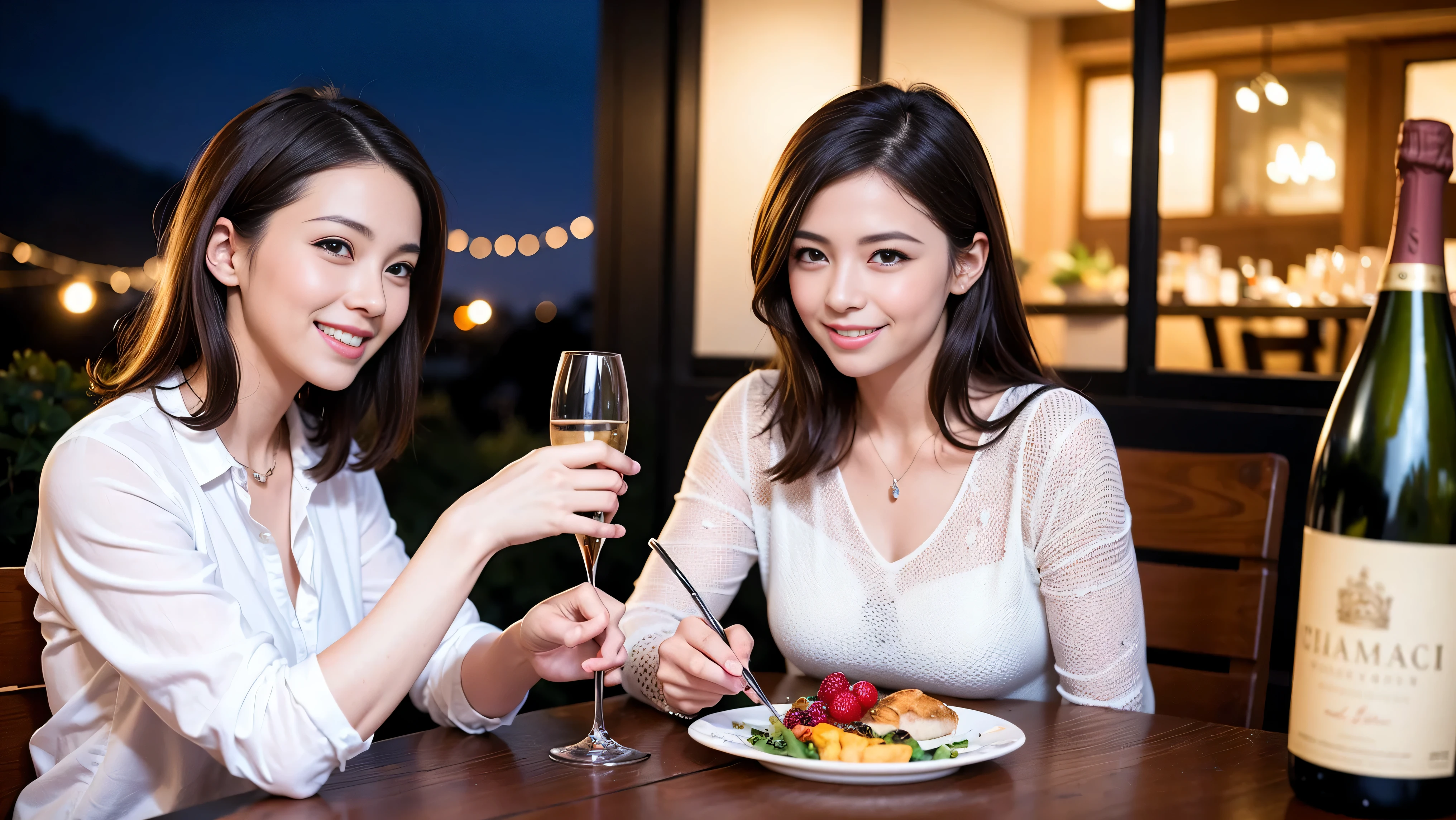 64k, UHD, highest quality, masterpiece: 1.2), (realistic, photorealistic: 1.37), Super detailed, There are many wine fans.、(slimな男女4名),(Wine party for 5 people)、(slimフェイス),Happy、 最高なsmile、Fox Face、Raccoon face、Berry Short、(because I'thin), (brown hair), (shortcut), long sleeve shirt、winter fashion、Colombia、Brazilian、Japanese、Dutch、German、Portuguese、Belgian、Italian、french,champagne、Sparkling wine、 (gush), (slimボティ), (brown hair), (shortcut), Neat beauty、cheeks blush a little, (35 years old), 38 years old, alone, A beautiful and detailed night view spreads out outside the window..., restaurant, wine glassが座っている, At night, in a prominent place (from the Upper body) nova frog style, actress, model, Upper body, White wine, slim, wine glass, very beautiful night view, wine glass Put in the Middle, Happy smile, (smile: 1.15),