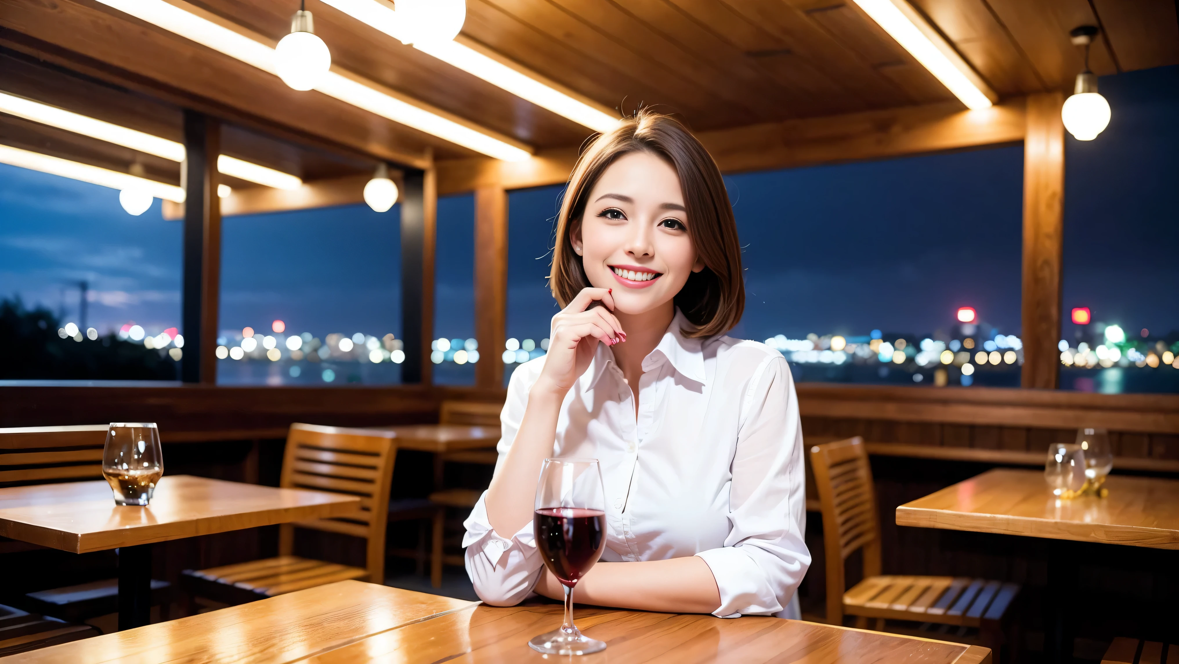 64k, UHD, highest quality, masterpiece: 1.2), (realistic, photorealistic: 1.37), Super detailed, There are many wine fans.、(slimな男女4名),(Wine party for 5 people)、(slimフェイス),Happy、 最高なsmile、Fox Face、Raccoon face、Berry Short、(because I&#39;thin), (brown hair), (shortcut), long sleeve shirt、winter fashion、Colombia、Brazilian、Japanese、Dutch、German、Portuguese、Belgian、Italian、french,champagne、Sparkling wine、 (gush), (slimボティ), (brown hair), (shortcut), Neat beauty、cheeks blush a little, (35 years old), 38 years old, alone, A beautiful and detailed night view spreads out outside the window..., restaurant, wine glassが座っている, At night, in a prominent place (from the Upper body) nova frog style, actress, model, Upper body, White wine, slim, wine glass, very beautiful night view, wine glass Put in the Middle, Happy smile, (smile: 1.15), 