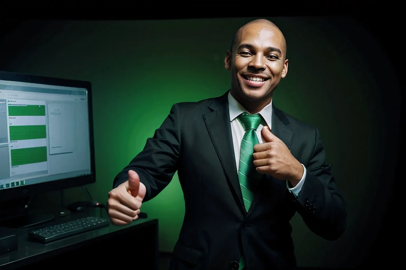 an happy business man dancing in front of a computer, thumbs up, black and green colors, drammatic shadows