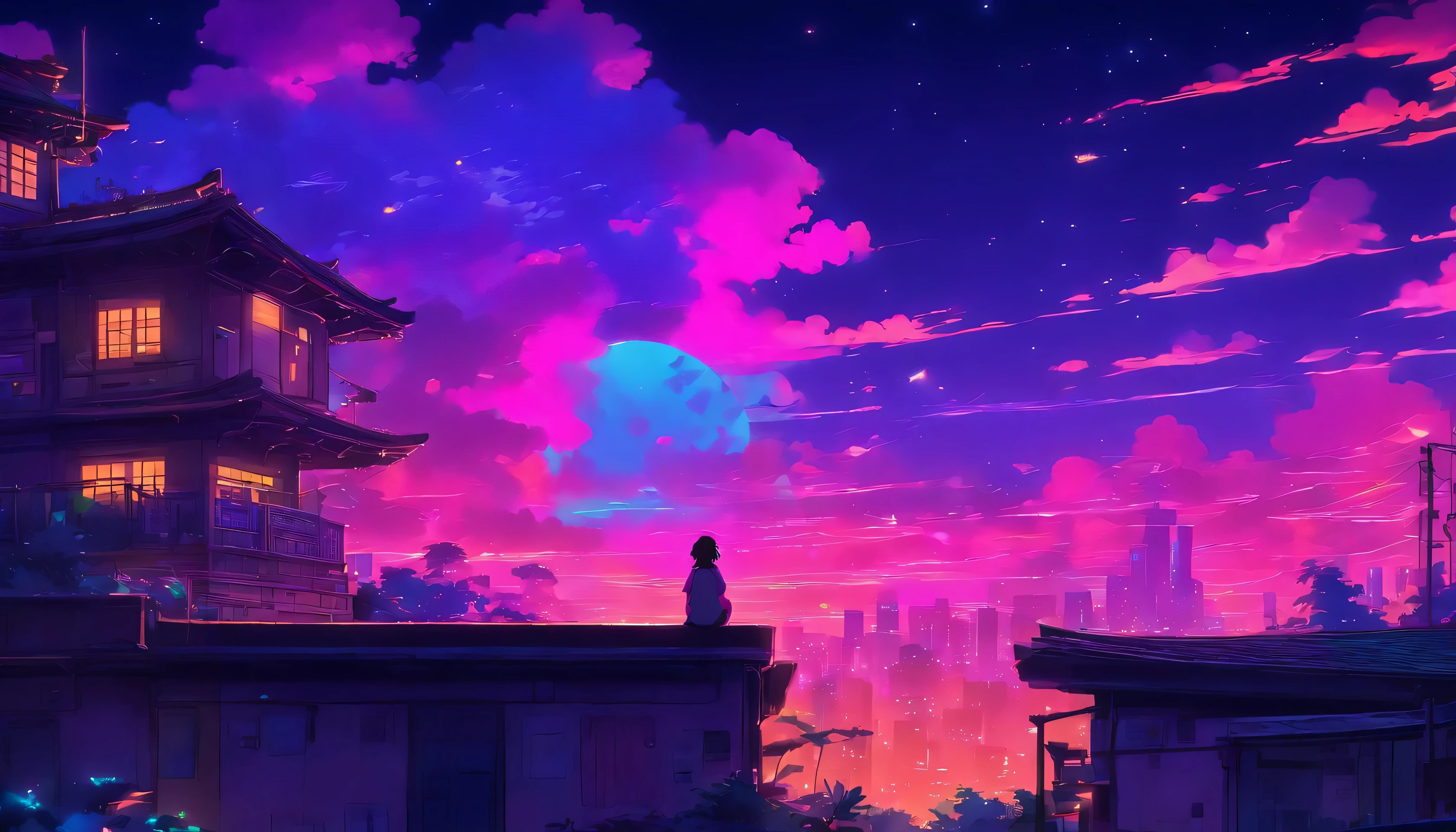(Lofi), A girl sitting on the rooftop of an old house, Lo-fi image,retro, flat,2.5d, night light, rooftop view, neon scape, beautiful colorful night sky,stars ,analog color theme, fantasy ,line art, ink drawing, big ink line, watercolor, goauche color, studio Ghibli style, awesome colorful, outurn, synthwave, lofi art,90s style,old texture, amplitude,90s atmosphere, masterpiece, massive skills