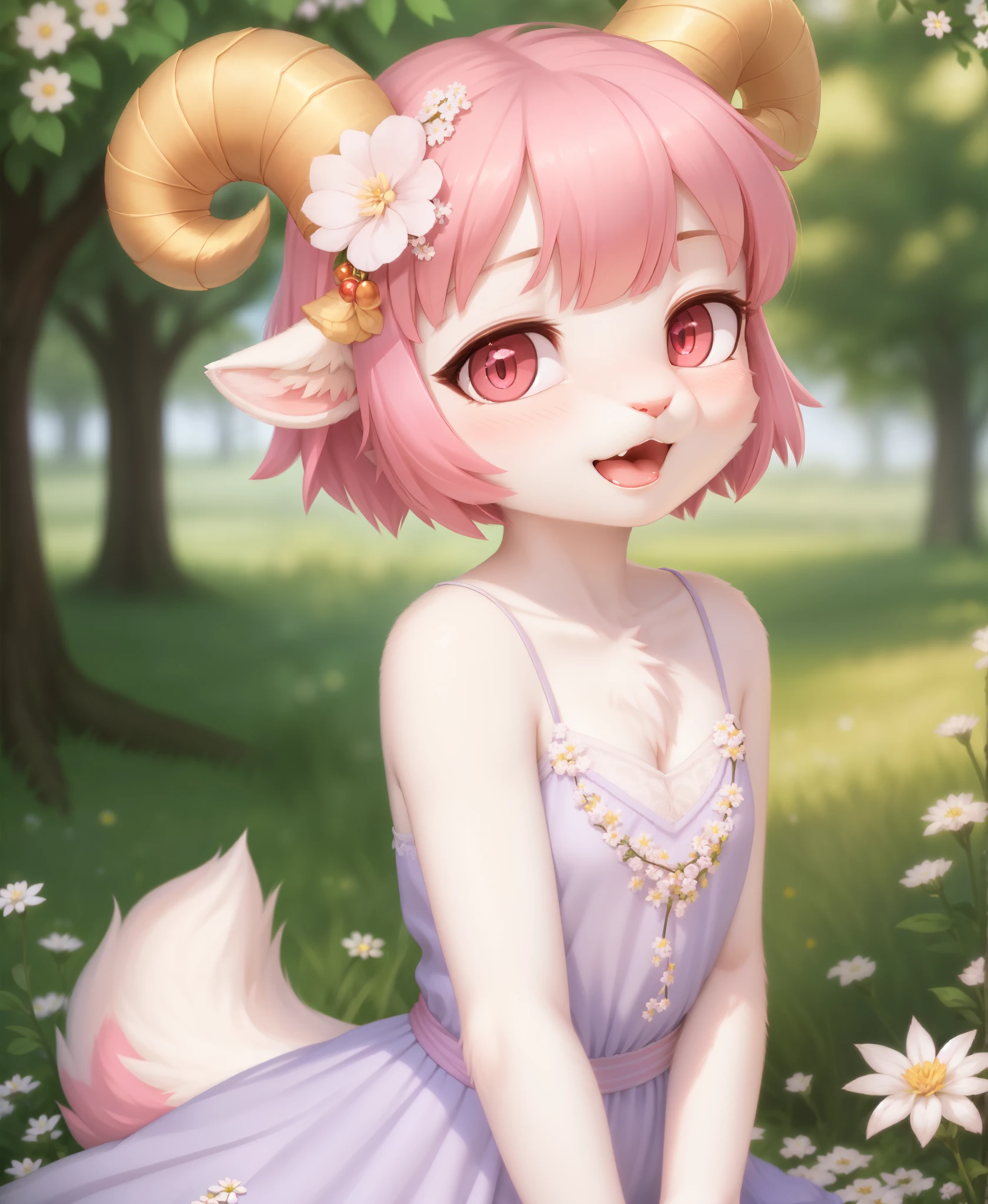 (furry:1.2), realistic fur, details down to every fluff, big eyes, i want the whole image to be created in 3D anime style, 1girl, solo, looking at viewer, blush, short hair, bangs, shirt, hair ornament, red eyes, dress, bare shoulders, closed mouth, upper body, pink hair, flower, sleeveless, hair flower, pink eyes, white dress, hair over one eye, blurry, from side, lips, looking to the side, depth of field, blurry background, x hair ornament, plant, white flower, blurry foreground, ram (re:zero)