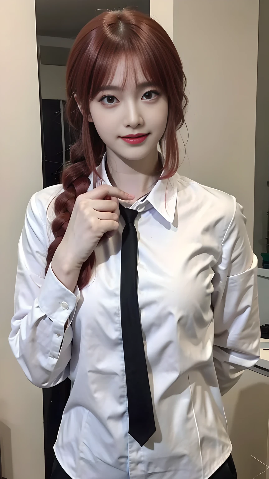 best quality, natural lighting, masterpiece, 1 girl, perfect beautiful face, (photo photo:1.3), edge lighting, photography lighting, (high detail skin:1.2), 8k ultra hd, DSLR, high quality, high resolution, white skin, detailed textured skin, 3/4 body in frame, sexy posing, poker face, close-lip, perfect propotion face, symetric face, eye level shot, 4k, 8k, bokeh, absurd, best ratio four fingers and one thumb, (realistic:1.3), beautiful detailed girl, cute 1girl, red hair, long hair, bangs, volume hairs, collosal-breast, full looking breast, projecting breast, slim waist, slender, small thighs, perfectly proportion, outdoor background, detailed background, trees, clouds, makima, long hair, smile, bangs, (yellow eyes:1.2), braid, red hair, braided ponytail, ringed eyes, shirt, long sleeves, white shirt, collared shirt, pants, (black pants:1.2), formal, suit, black necktie, (shirt tucked in:1.2), office lady, braid, braided ponytail, long hair, makima, (black necktie:1.2), red hair, yellow eyes, white shirt, (hands behind back:1.1), thighs in frame, black pants