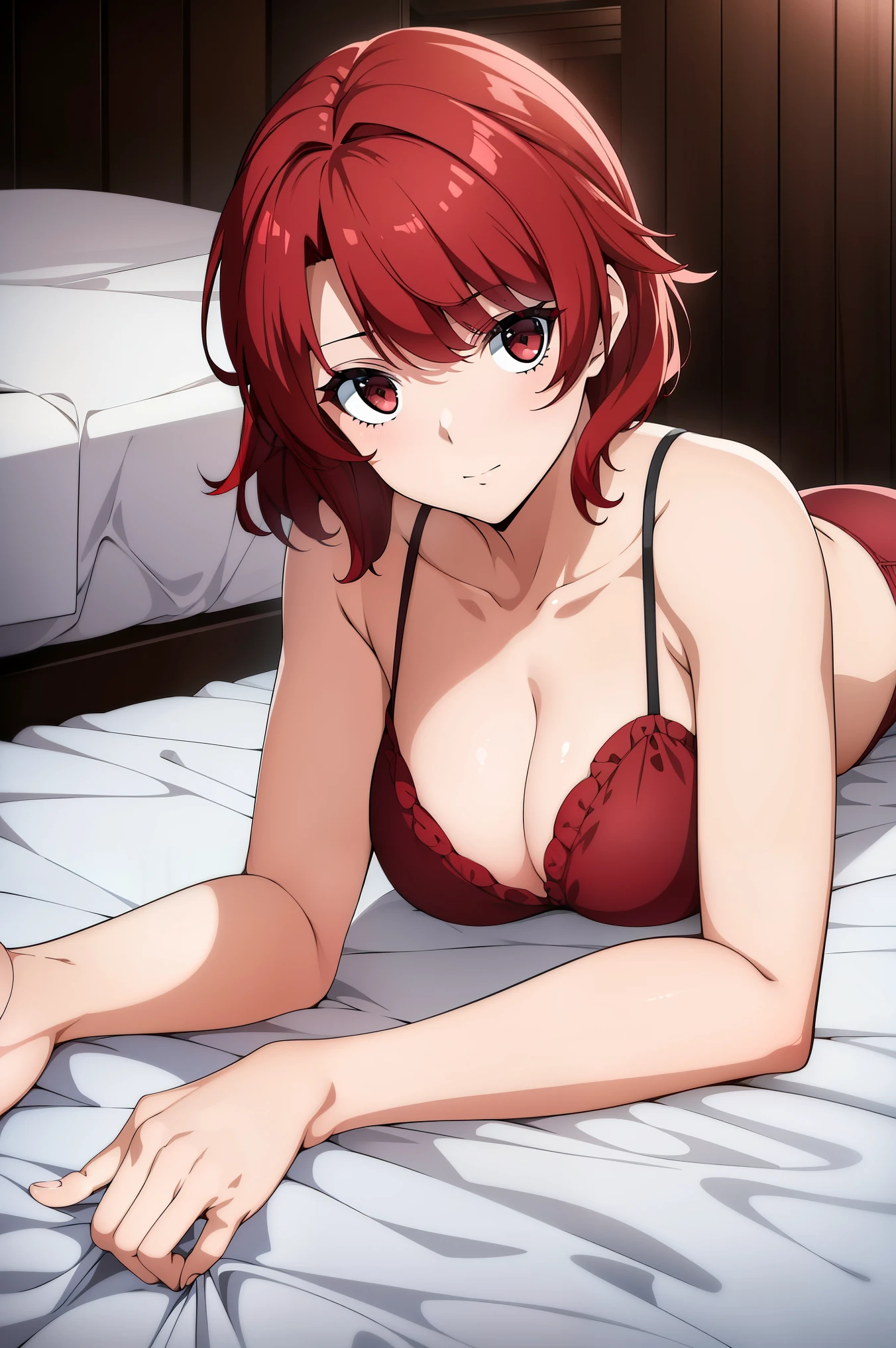 ((masterpiece)), ((best quality)), anriteieri, 1girl, breasts, short_hair, red_hair, red_eyes, solo_focus, indoors, medium_breasts, bikini, bed, laying