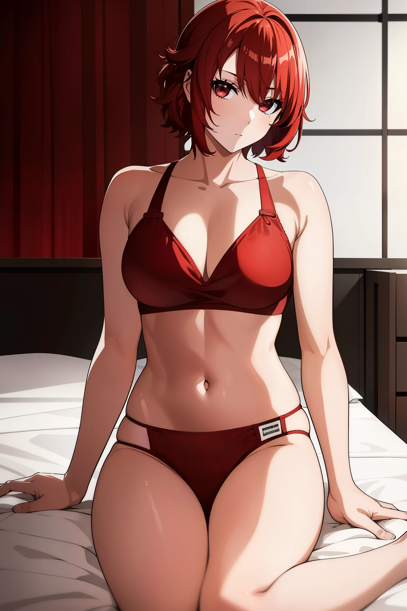 ((masterpiece)), ((best quality)), anriteieri, 1girl, breasts, short_hair, red_hair, red_eyes, solo_focus, indoors, medium_breasts, bikini, bed, laying