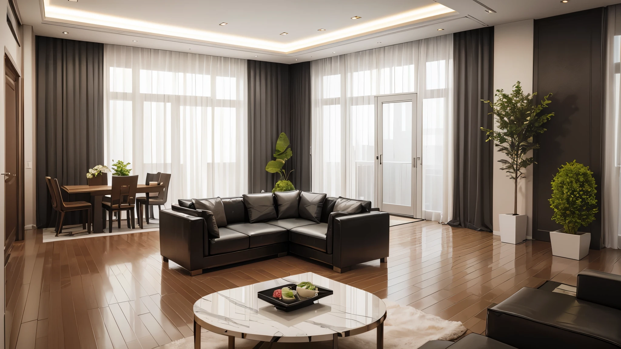 You are a famous interior designer、You have been asked to create a 3D image of a modern large room. Create a harmonious environment with modern and minimalist furniture. Including garden interior.