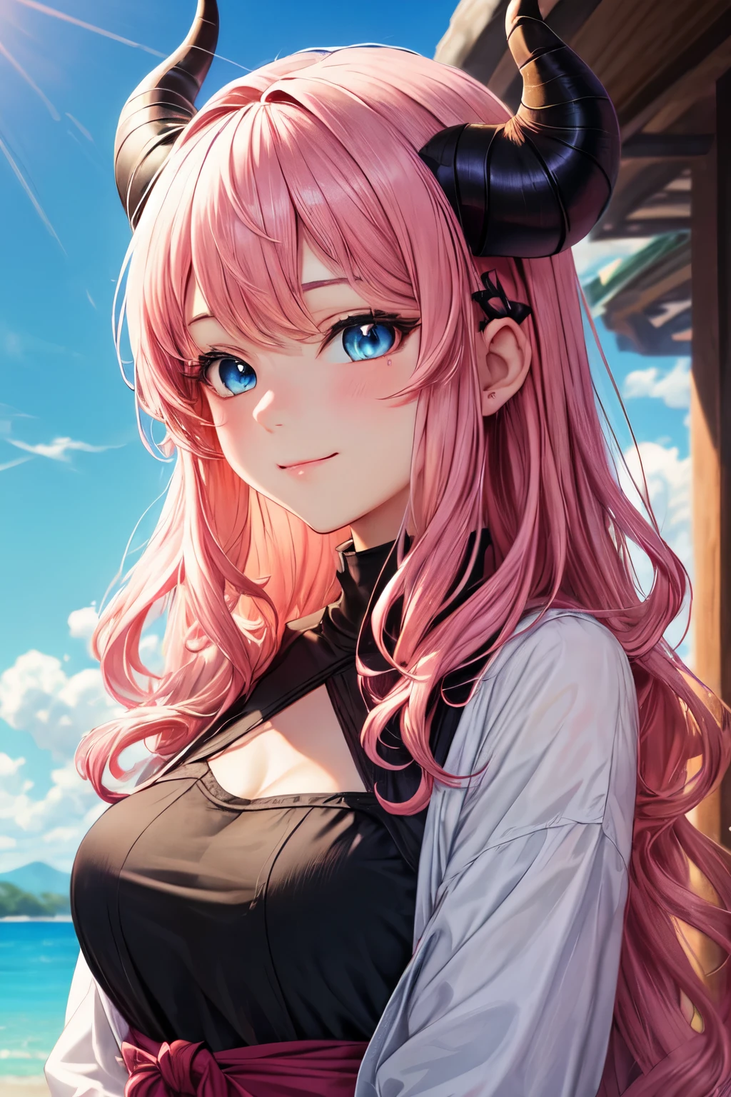 ((best quality)), ((masterpiece)), (detailed), perfect face. 1girl, 1woman, pink hair, wavy hair, blue eyes, anime, adult woman, long hair, demon horns, black horns, model, beautiful, fantasy, Casual clothes. Hair accessories. Upper body. Soft smile. Beautiful anime art.